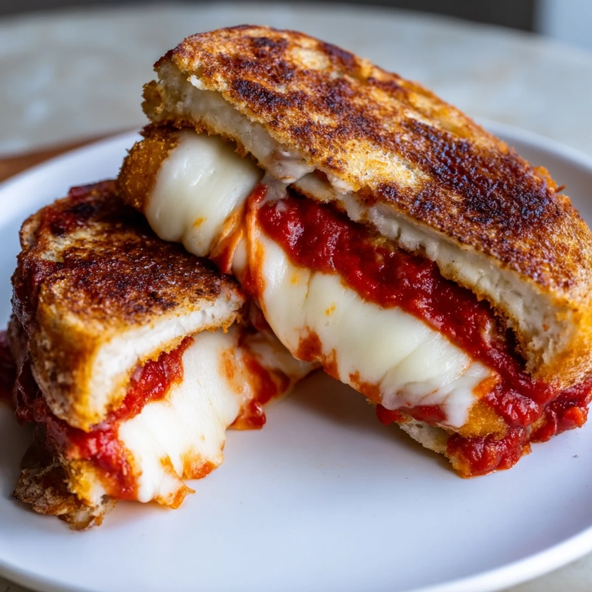 Golden, crispy Mozzarella Stick Grilled Cheese, oozing melted cheese with the perfect marinara for dipping.