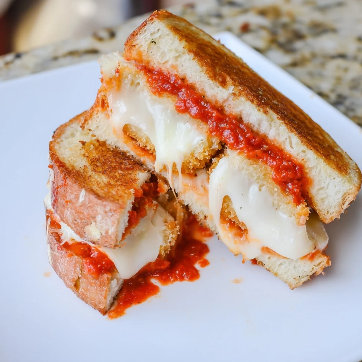 A close-up of a perfectly grilled Mozzarella Stick Grilled Cheese sandwich, promising a melty cheese pull.