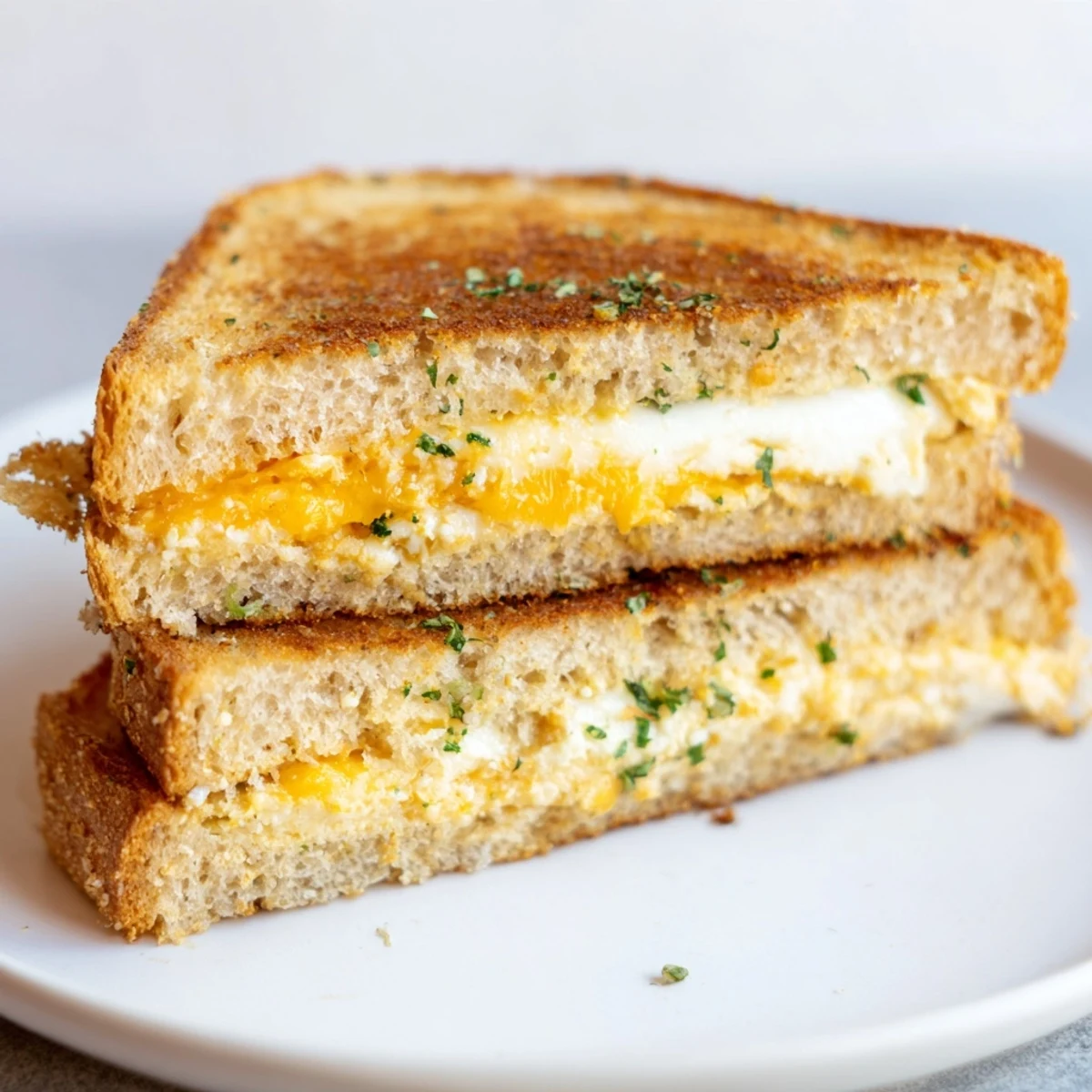 Golden garlic butter mayo grilled cheese, gooey cheese melting inside toasted sourdough for a satisfying bite.
