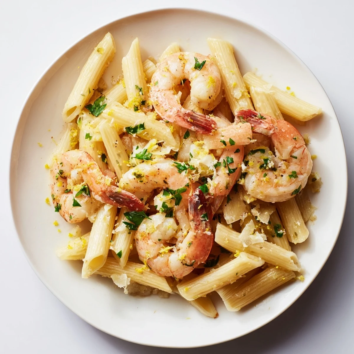 Golden garlic shrimp penne pasta, glistening with butter, ready for a delicious Italian-American dinner.