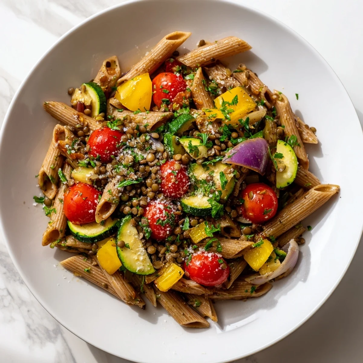 Savory Lentil Pasta with Vegetables, featuring roasted vegetables and fresh herbs for a delicious, healthy meal.