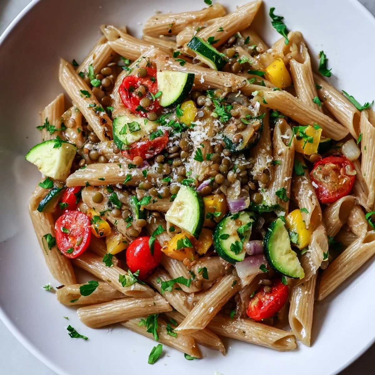 Mediterranean-style Lentil Pasta with Vegetables, a vibrant dish with tender pasta, flavorful roasted veggies, and fragrant herbs.