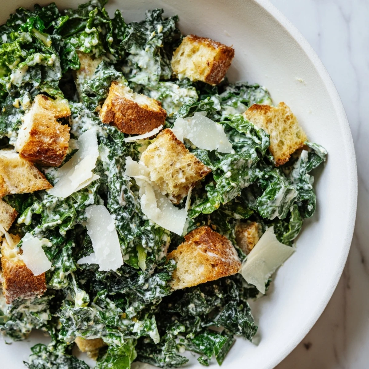 Tossed Kale Caesar Salad with creamy dressing, crispy croutons, and fresh Parmesan, ready to eat.