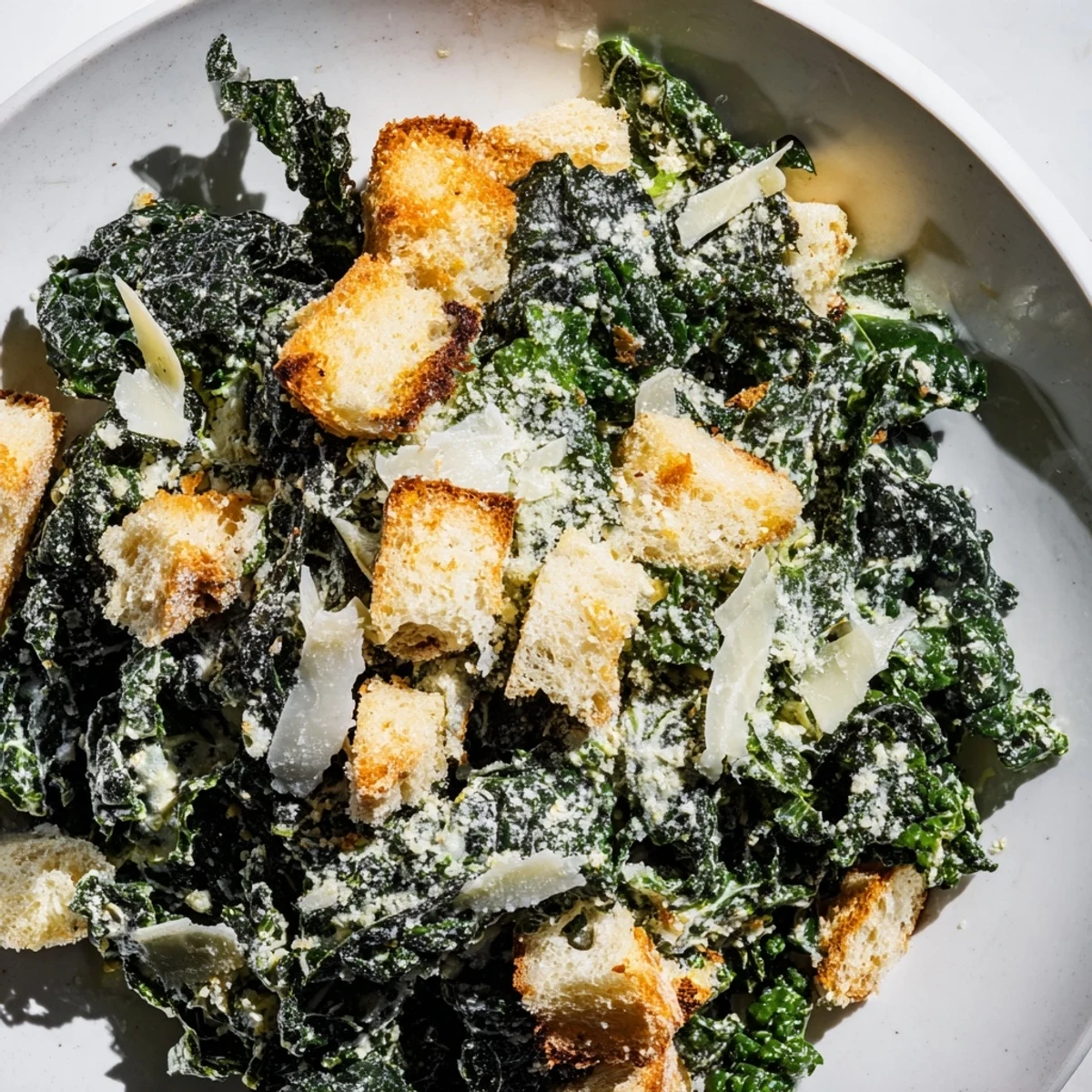 Close-up of a vibrant Kale Caesar Salad: fresh kale, topped with golden croutons and shaved cheese.