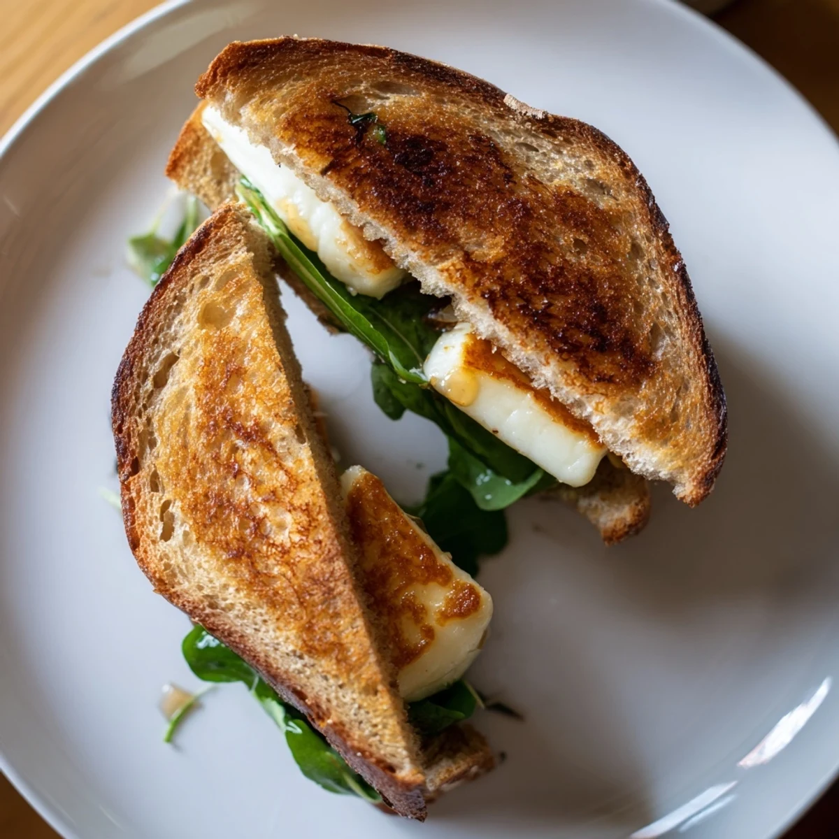 Golden crispy halloumi grilled cheese, layered with fresh greens, ready to savor hot off the skillet.