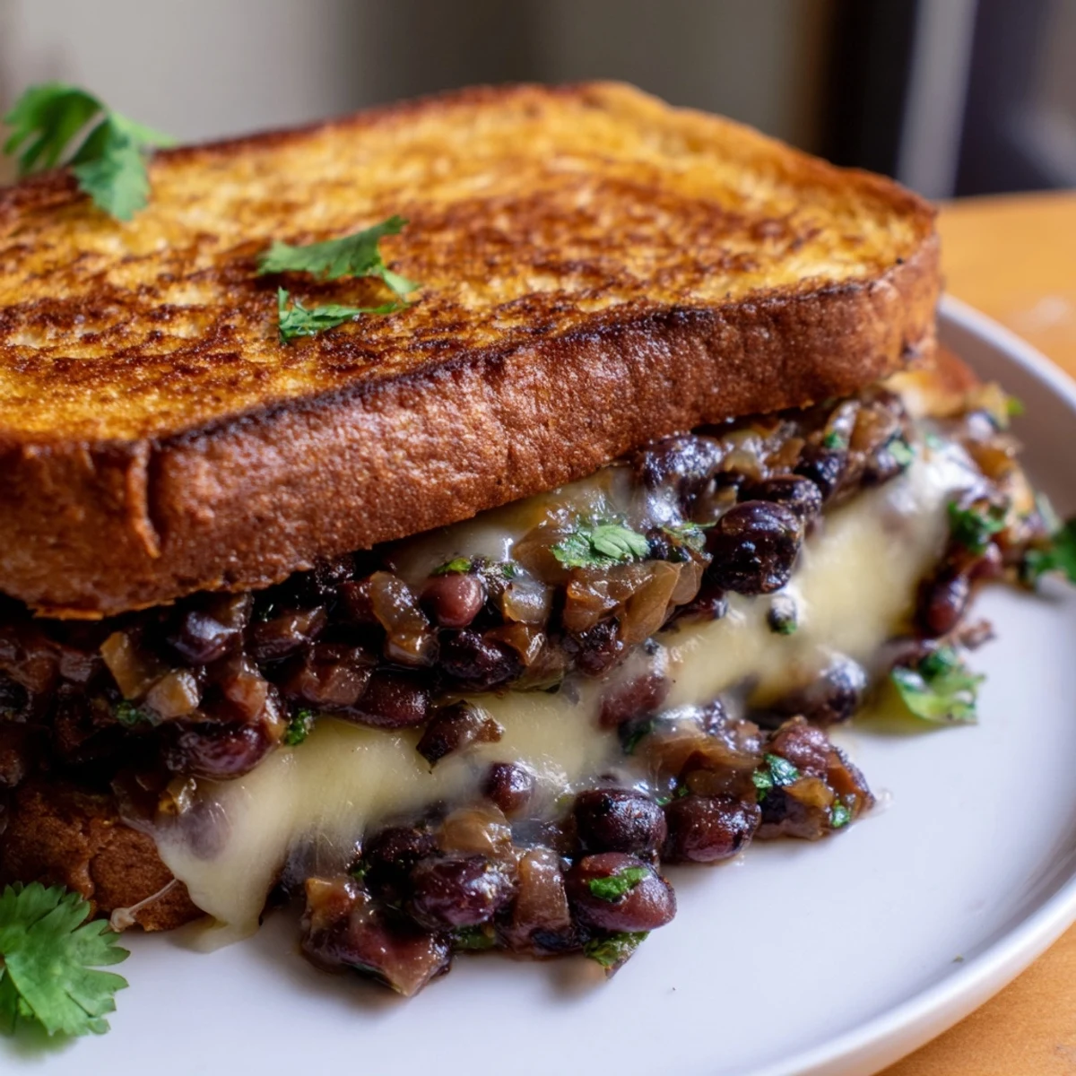 Warm, melted cheese oozing from a golden Black Bean Grilled Cheese, ready to be devoured.