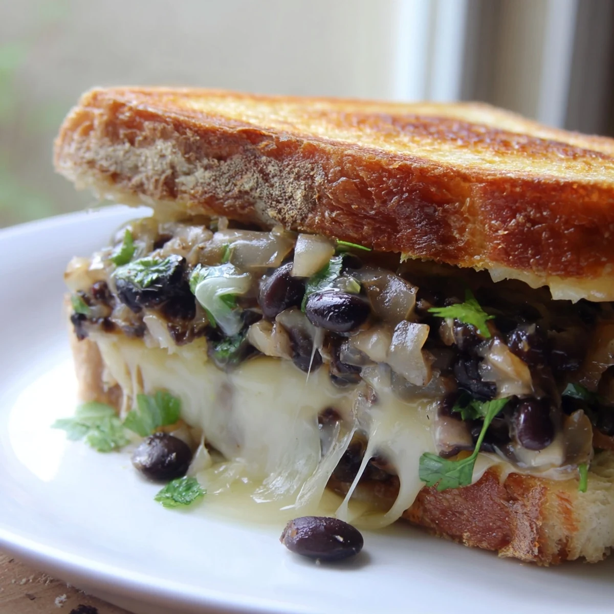 Close-up of a crispy Black Bean Grilled Cheese sandwich, showcasing the savory black bean filling.