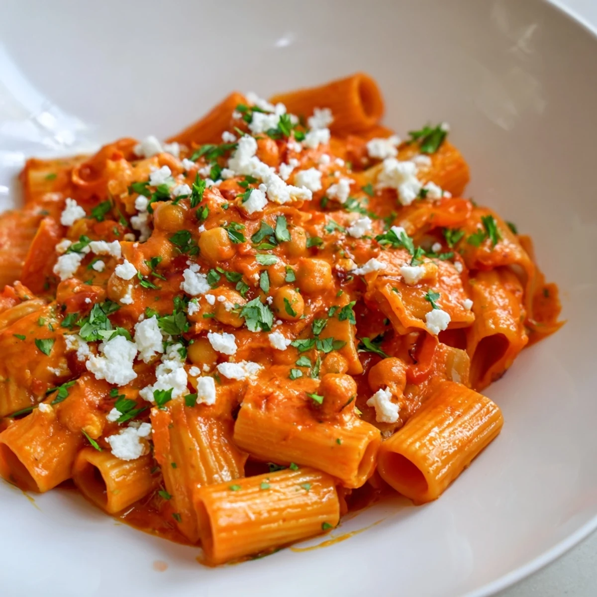 Steaming bowl of Harissa Chickpea Pasta, a vegetarian Mediterranean dinner, ready to eat.