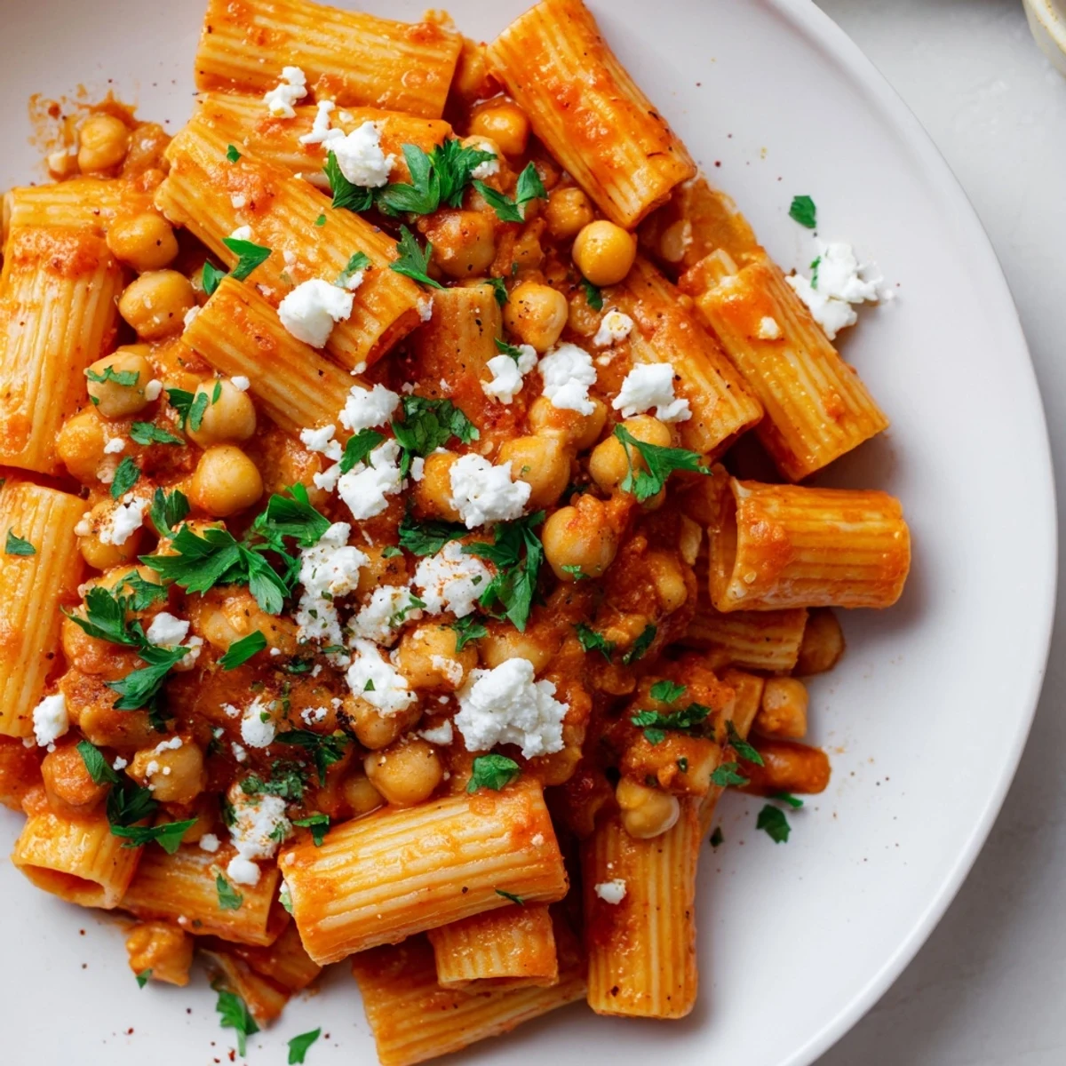 Close-up of Harissa Chickpea Pasta showcasing the rich tomato sauce and perfectly cooked chickpeas.