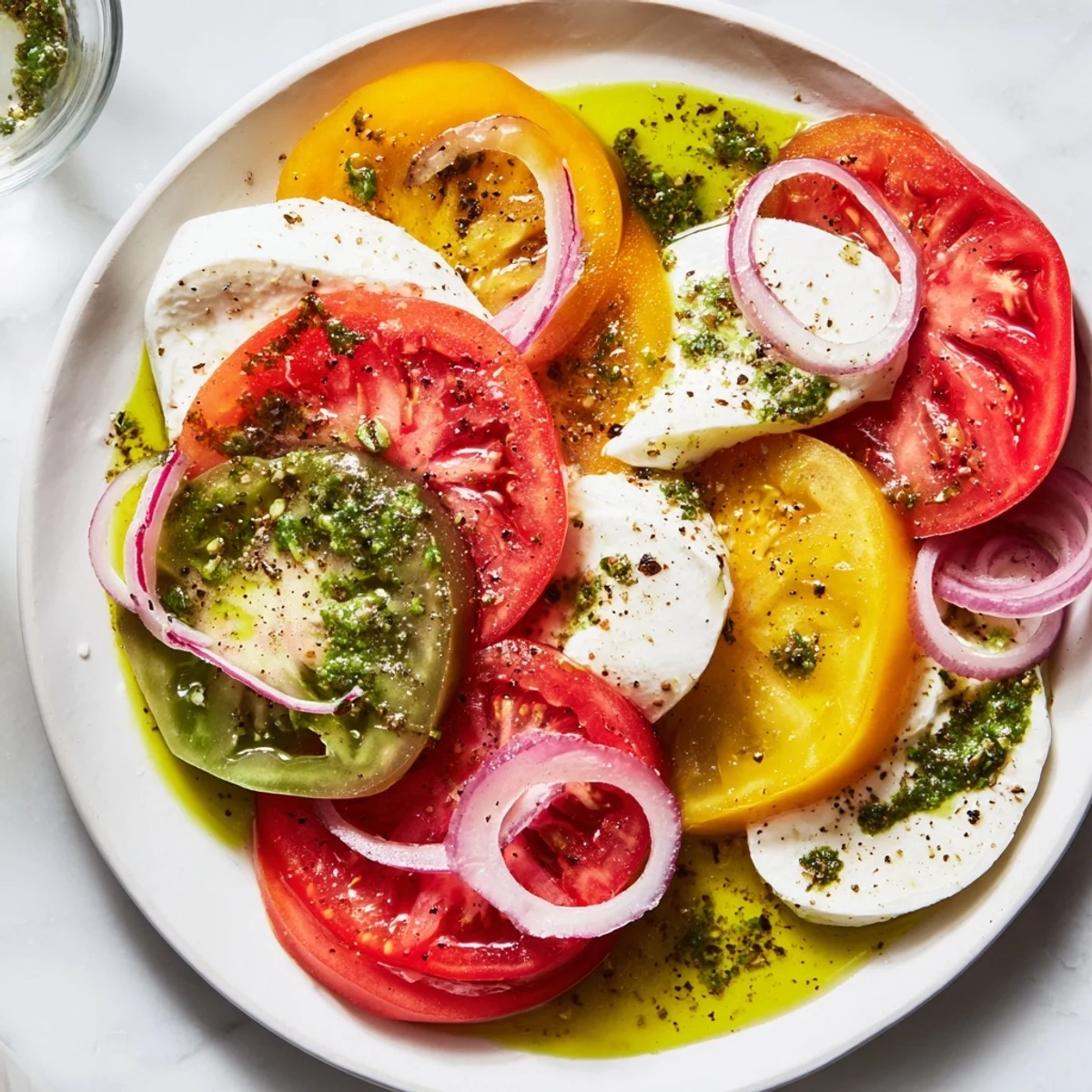 Vibrant Summer Tomato Salad with basil oil: juicy tomatoes and creamy mozzarella beautifully arranged.