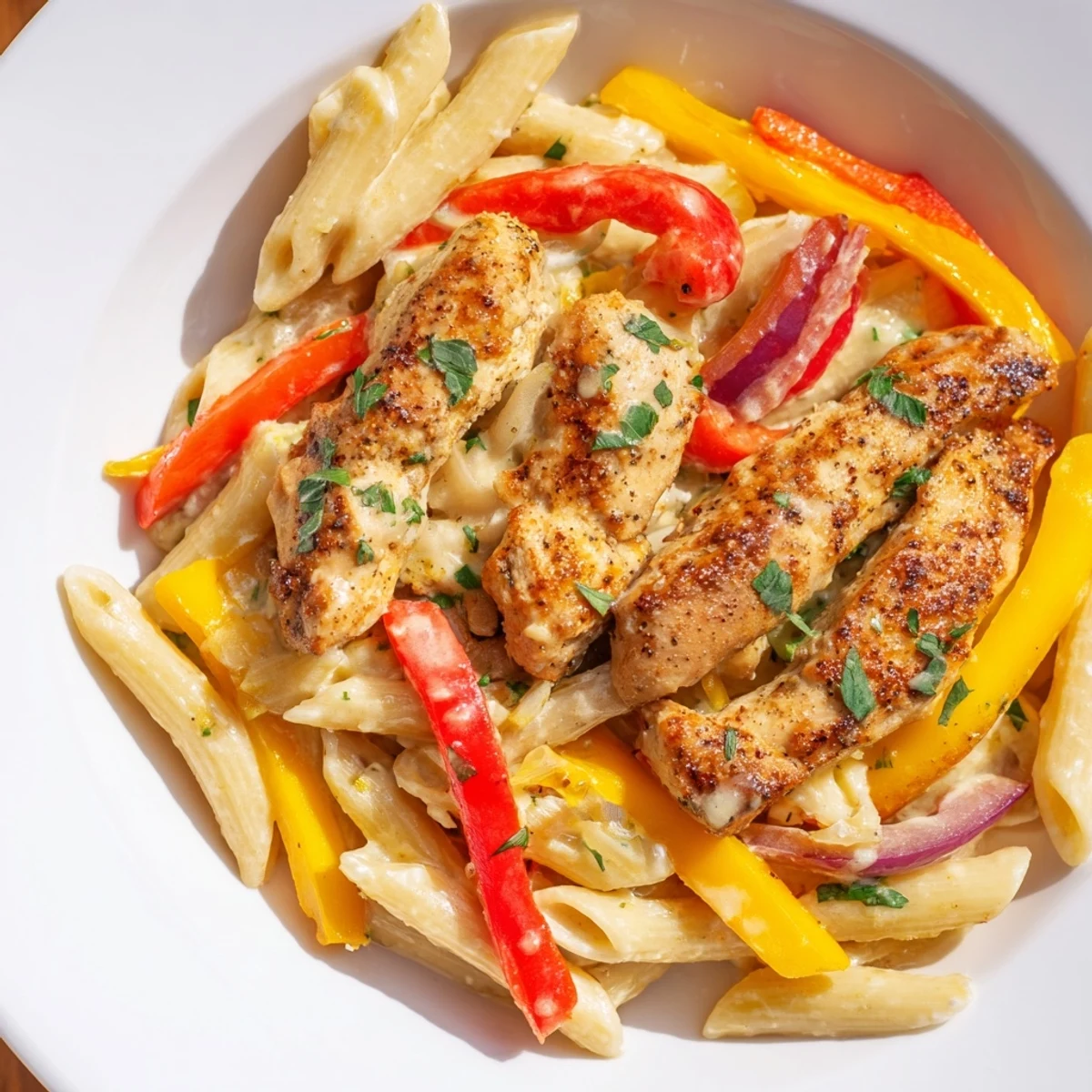 Cajun Chicken Pasta with a creamy, rich sauce, topped with fresh parsley and Parmesan.