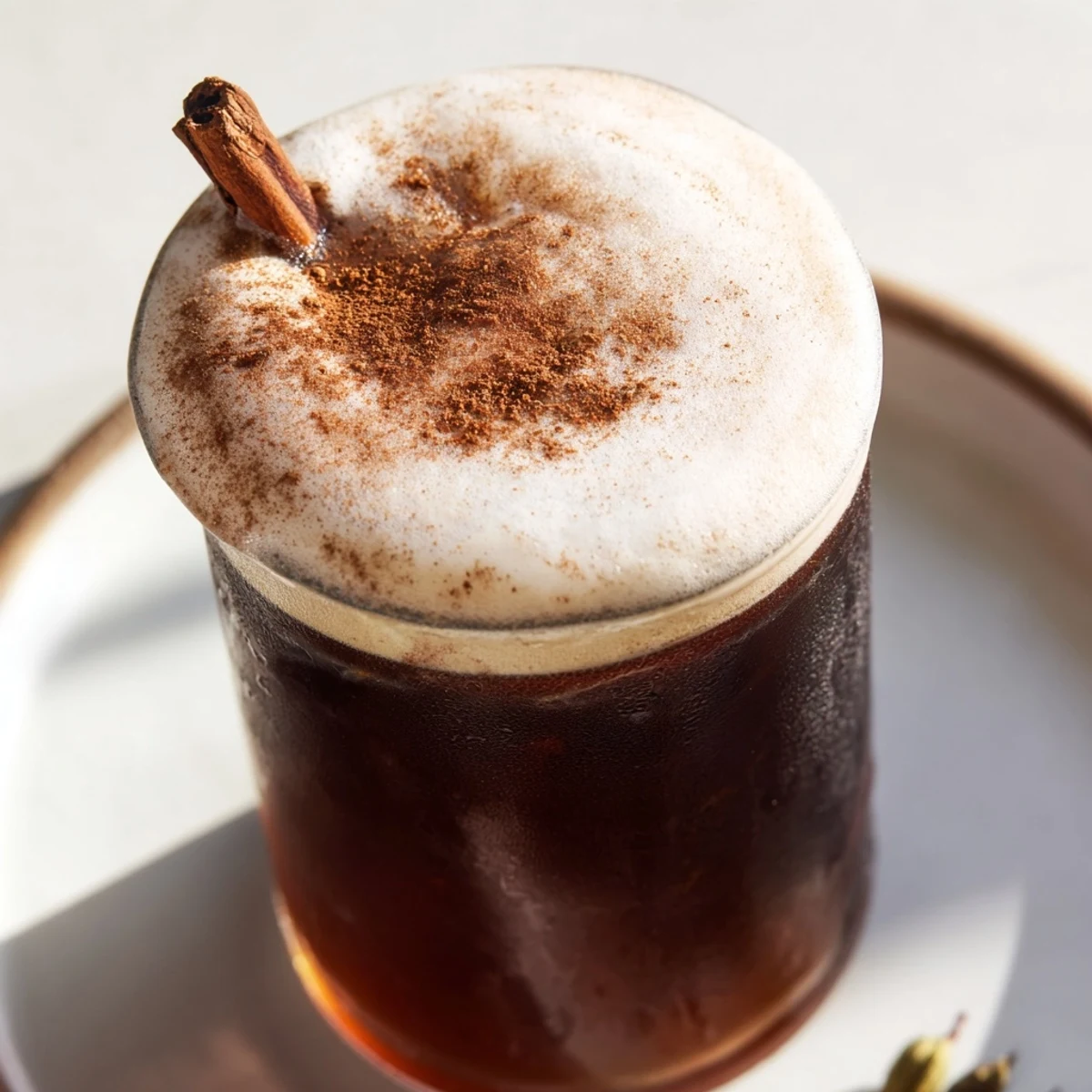 Golden-hued homemade iced chai with fluffy cold foam, a perfect, cafe-style summer beverage.