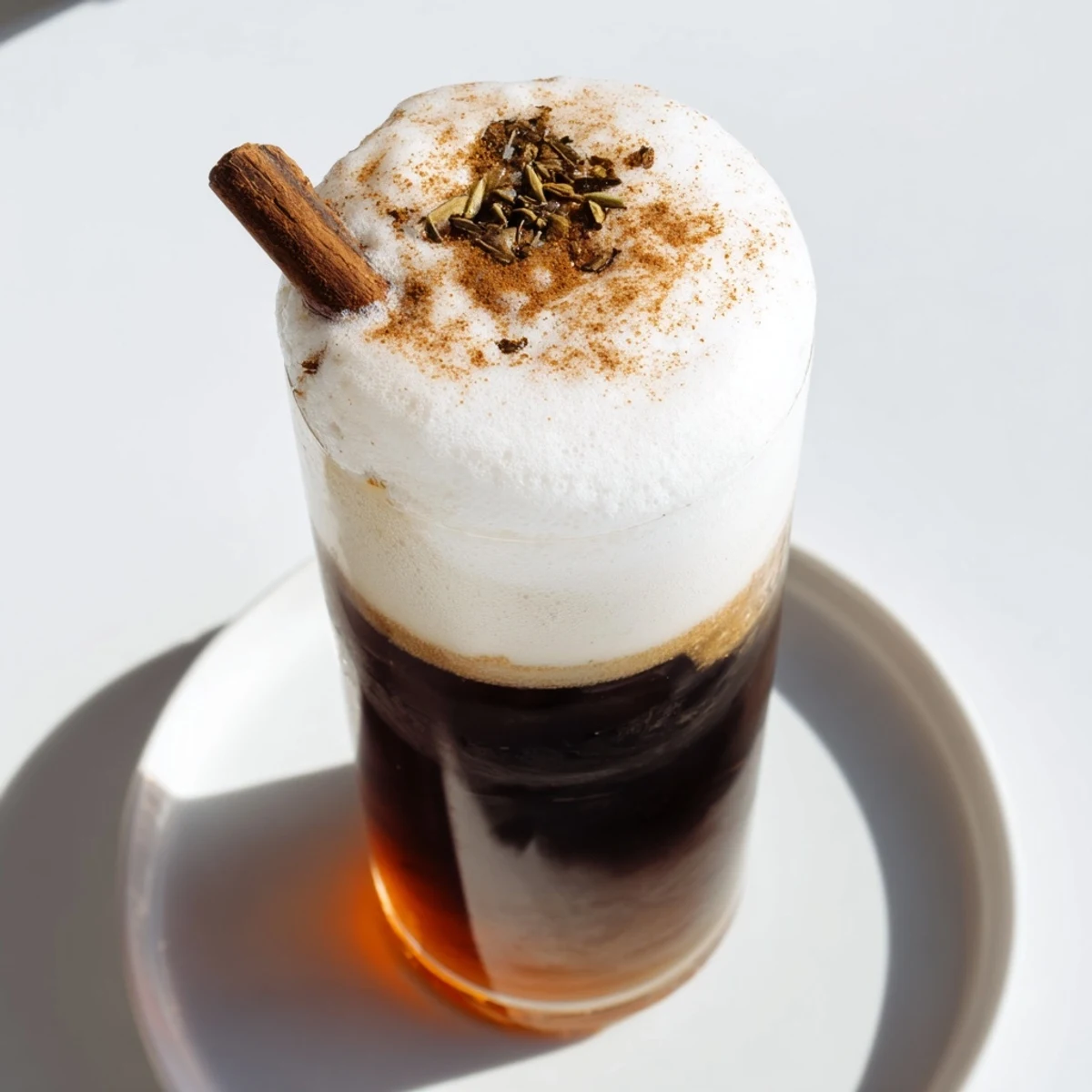 Iced chai, fragrant with spices, topped with creamy, vanilla-infused cold foam, ready to enjoy.