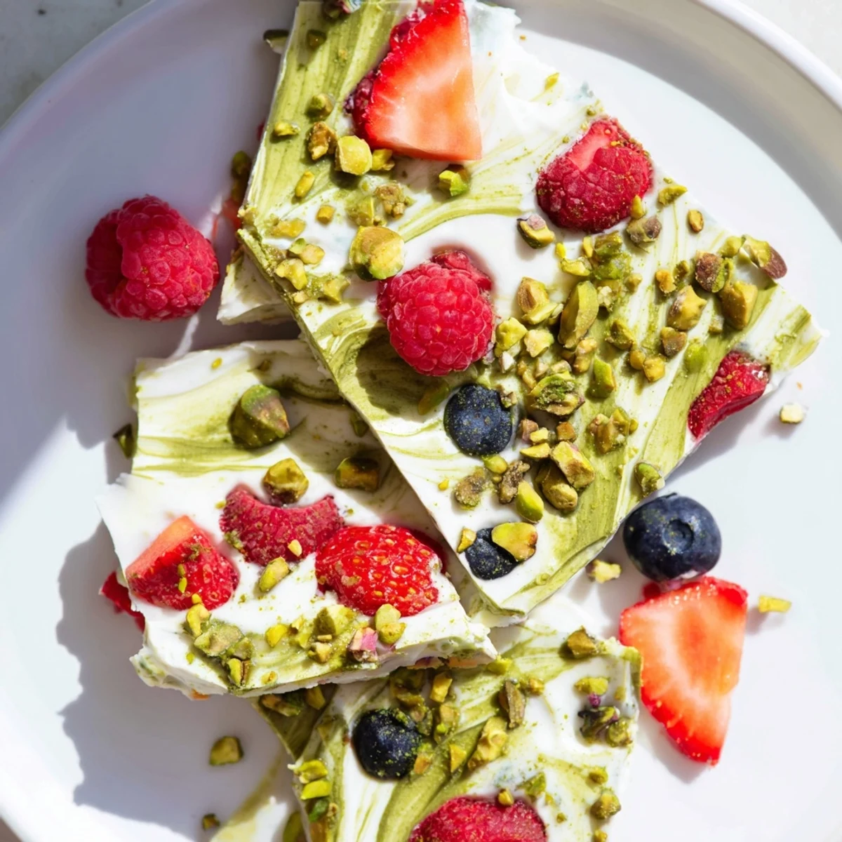 Creamy frozen yogurt bark swirled with matcha and fresh berries, a delightful, refreshing dessert.