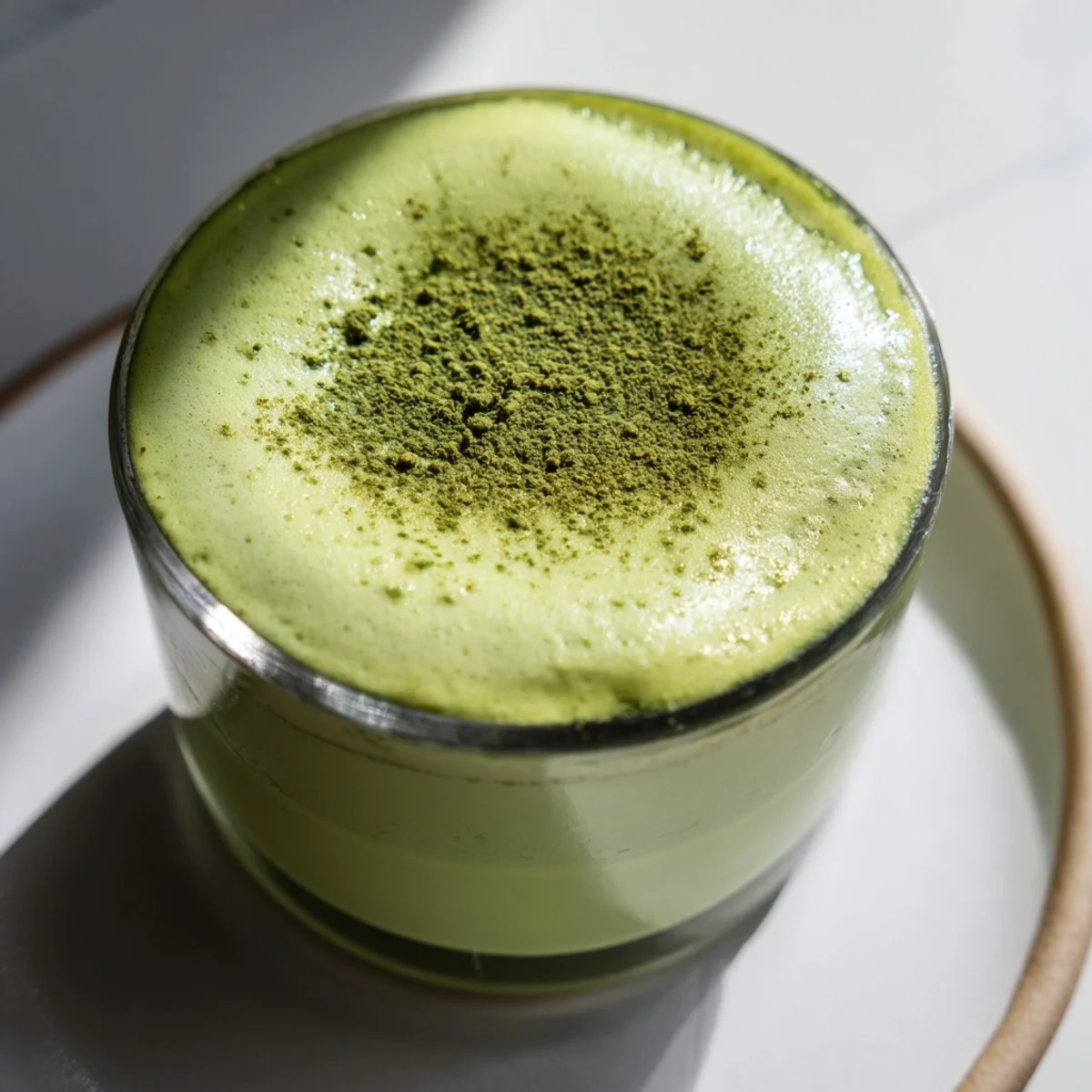 A creamy matcha latte, frothy and vibrant green, promises an uplifting, energizing flavor experience.