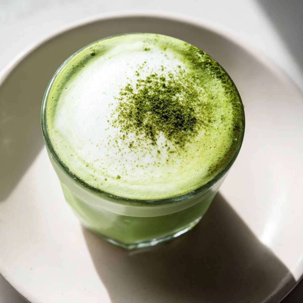This beautiful matcha latte features a cloud of cold foam, perfect for a refreshing afternoon beverage.