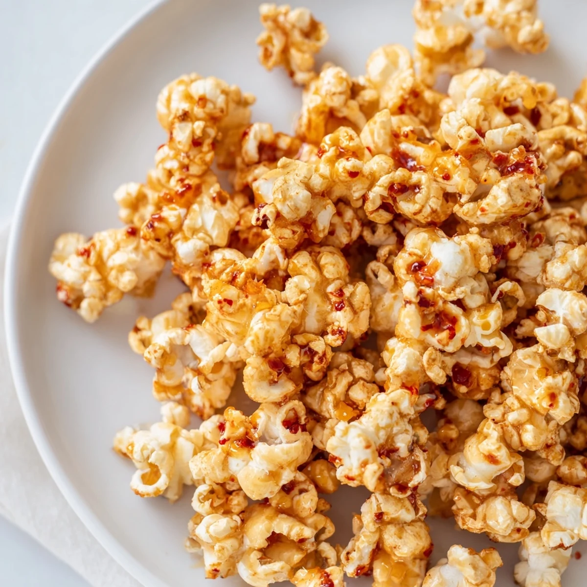 Close-up of freshly made Hot Honey Butter Popcorn, glistening with melted butter and honey.