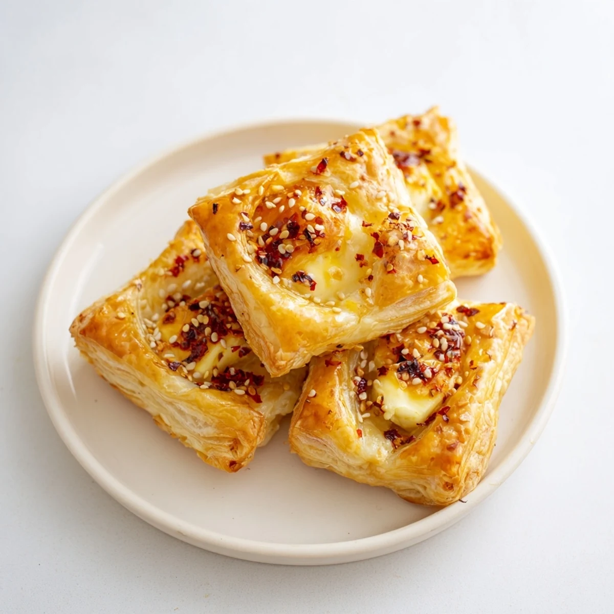 Golden brown Chili Crisp Honey Brie Bites, oozing with melted Brie and drizzled honey, ready to serve as an appetizer.