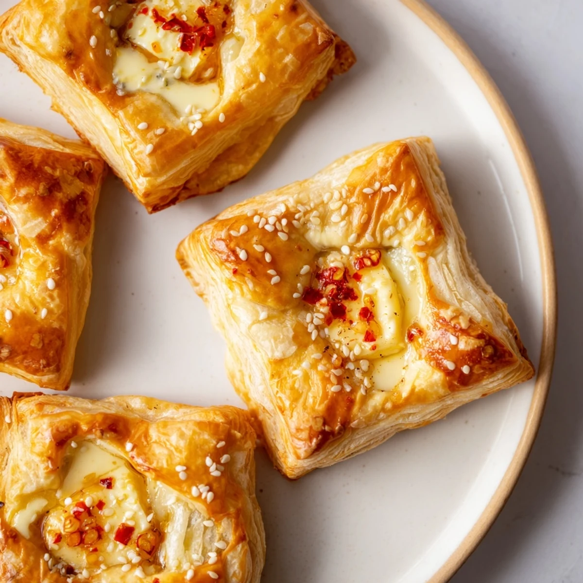 A close-up shot of baked Chili Crisp Honey Brie Bites, showcasing the flaky pastry and spicy-sweet flavors.