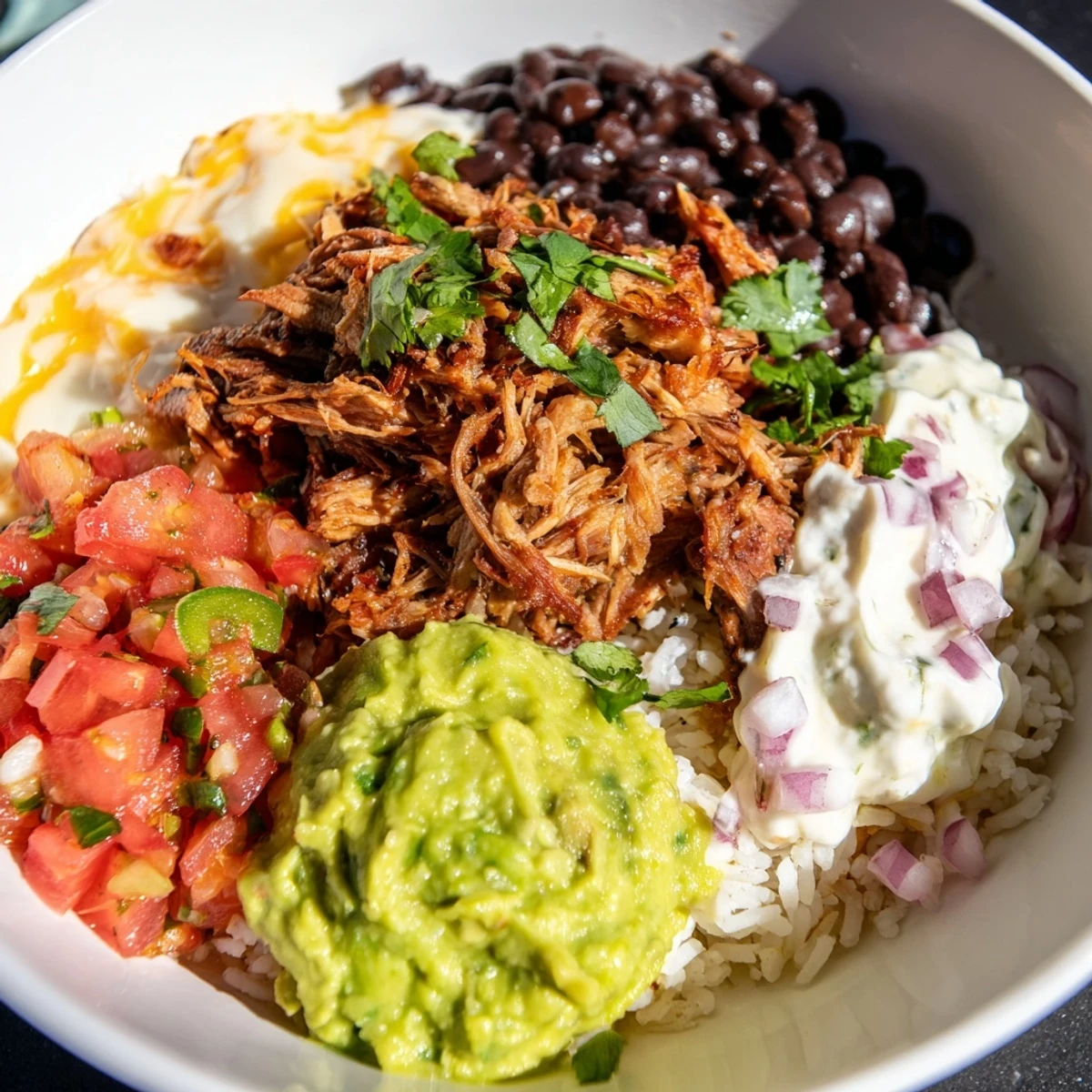 This delicious Chipotle burrito bowl copycat showcases juicy, shredded pork mingling with flavorful ingredients.