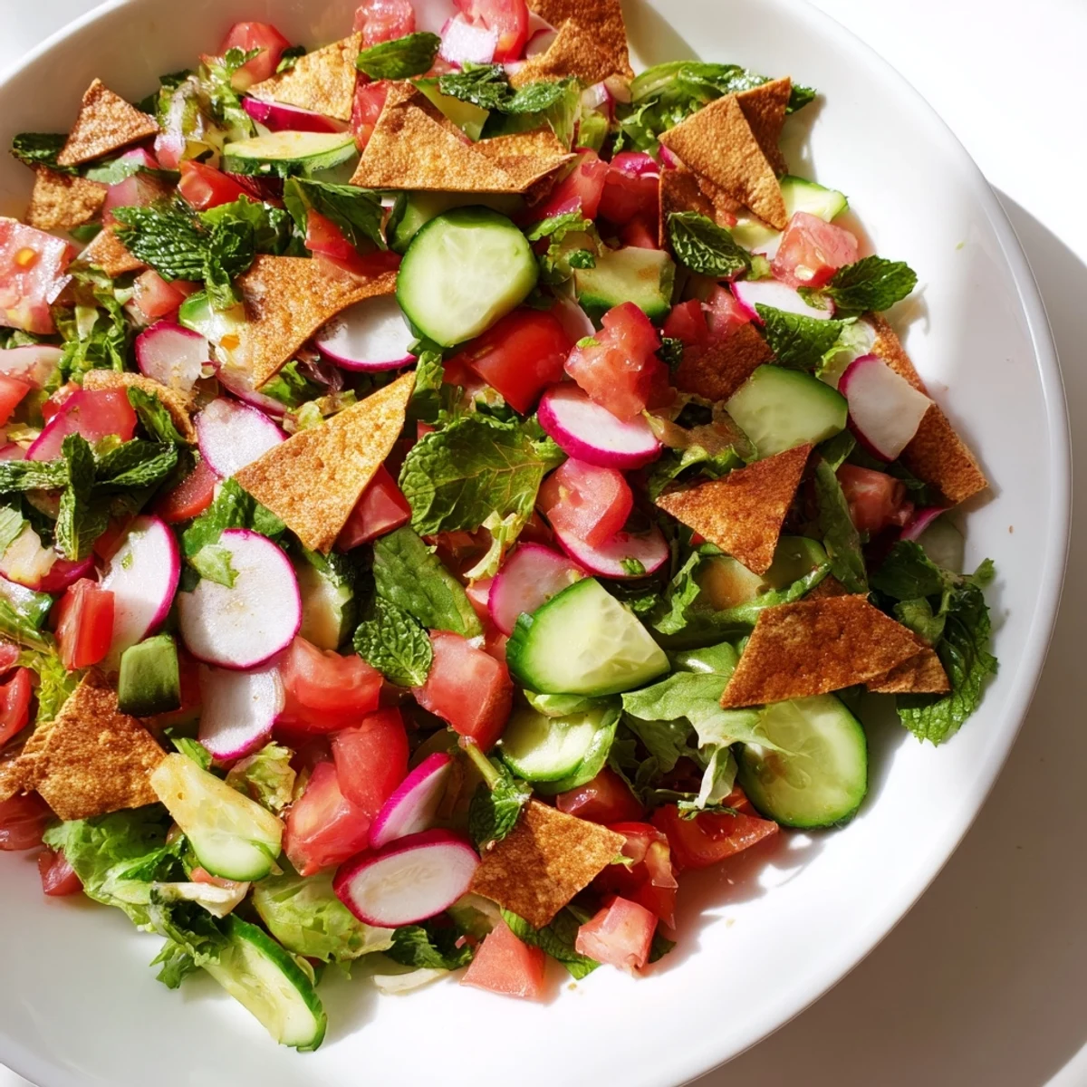 Fresh Lebanese Fattoush Salad with vibrant colors & crunchy pita chips, ready to enjoy.