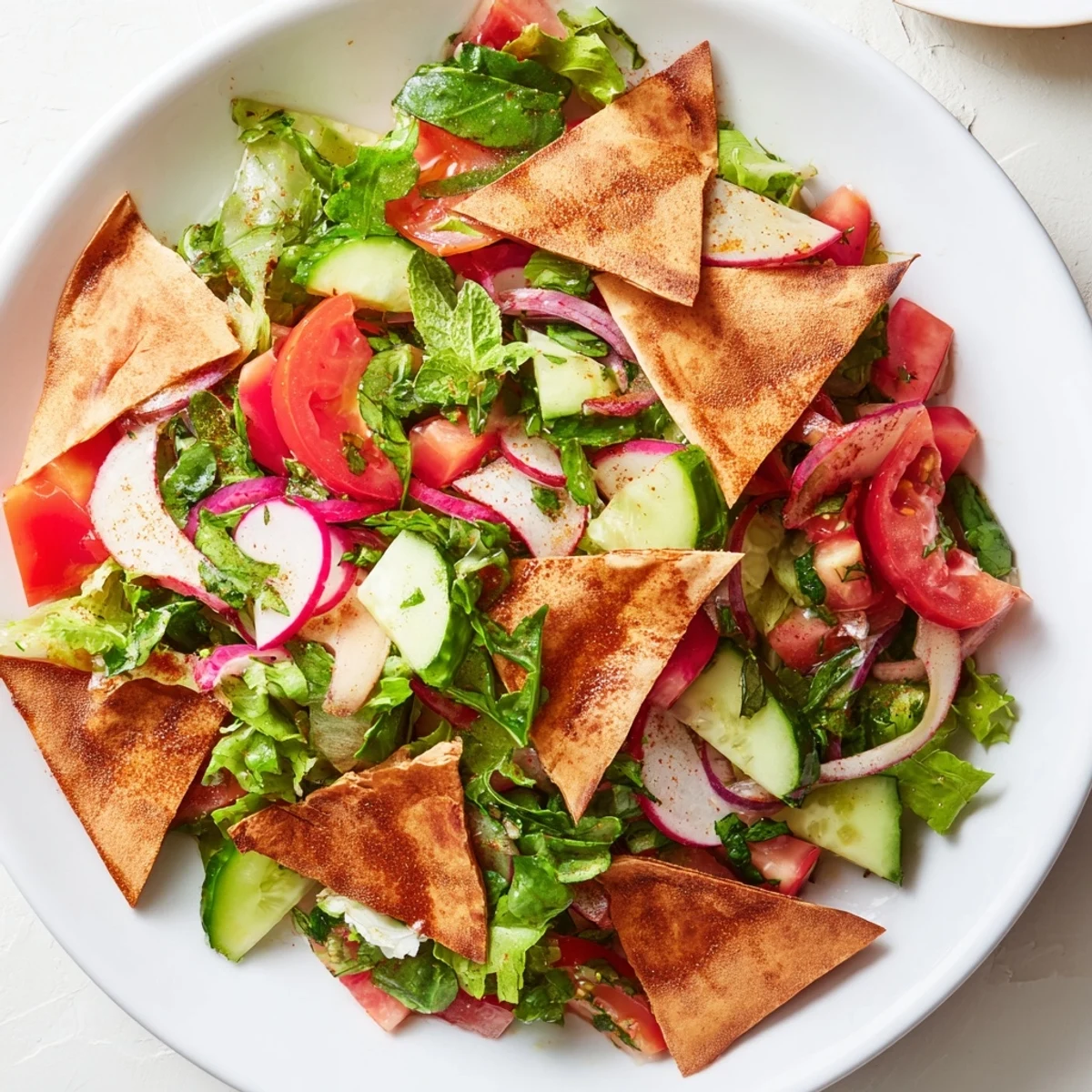 A refreshing bowl of Lebanese Fattoush Salad, featuring crisp greens & a tangy sumac dressing.
