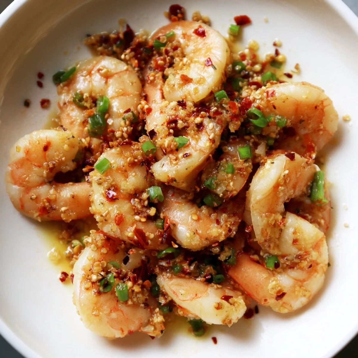 Vibrant photo of this Korean Garlic Butter Shrimp, garnished with scallions and sesame seeds, ready to eat.