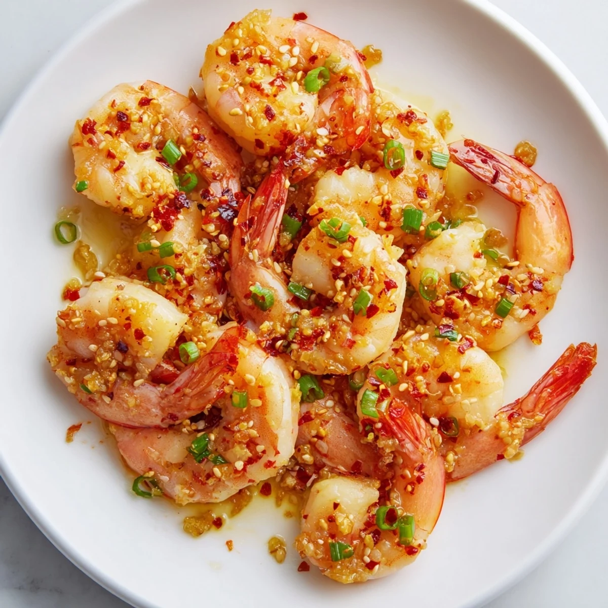 Korean Garlic Butter Shrimp sizzling in a skillet, coated in a glistening, flavorful sauce.
