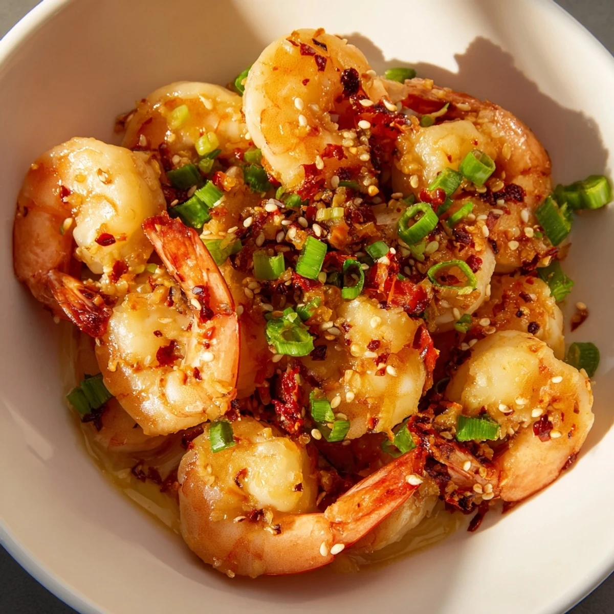 Close-up of golden-brown Korean Garlic Butter Shrimp, a delicious, spicy main dish concept.