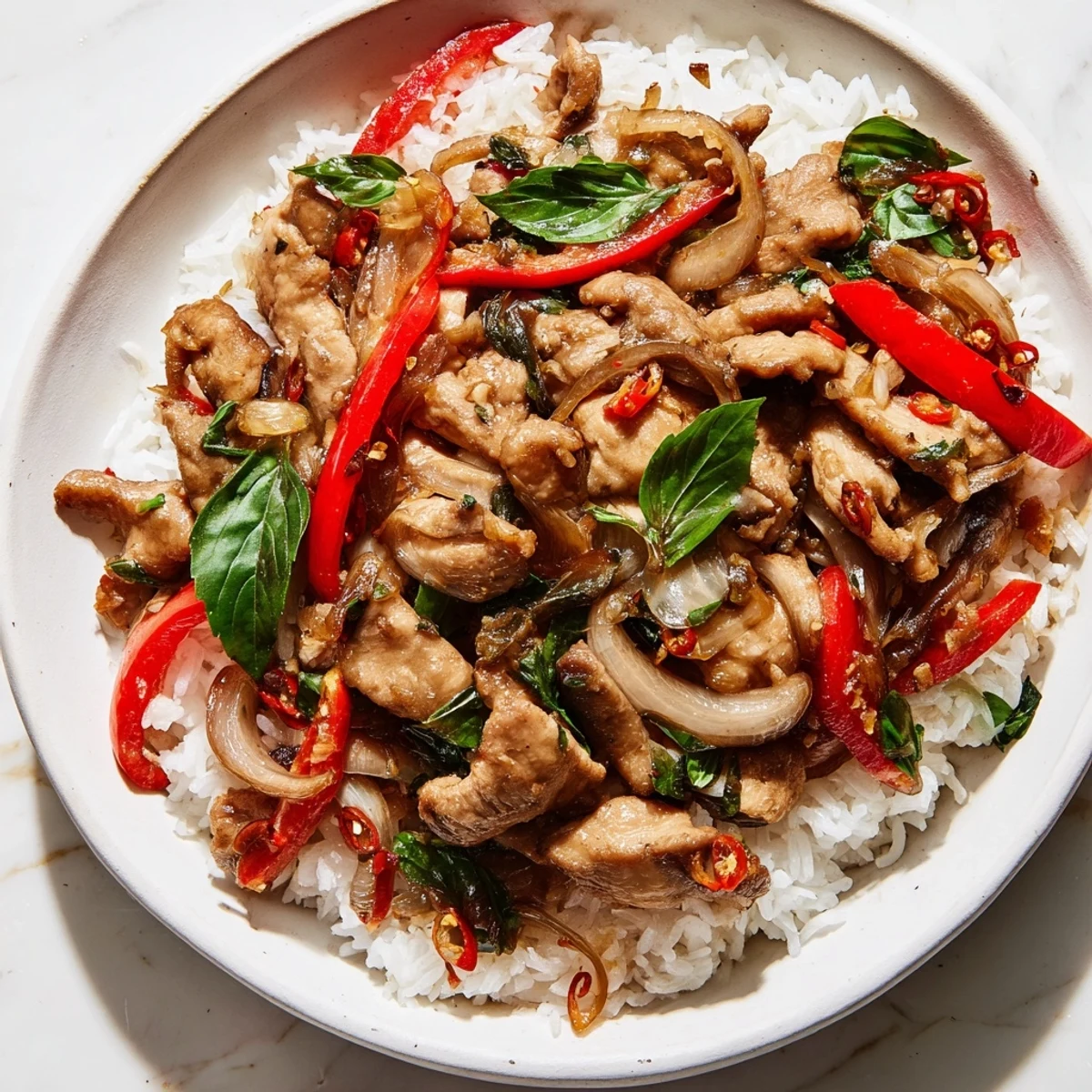 Steaming Thai Basil Chicken Bowls, a colorful explosion of flavors, served over fluffy rice.