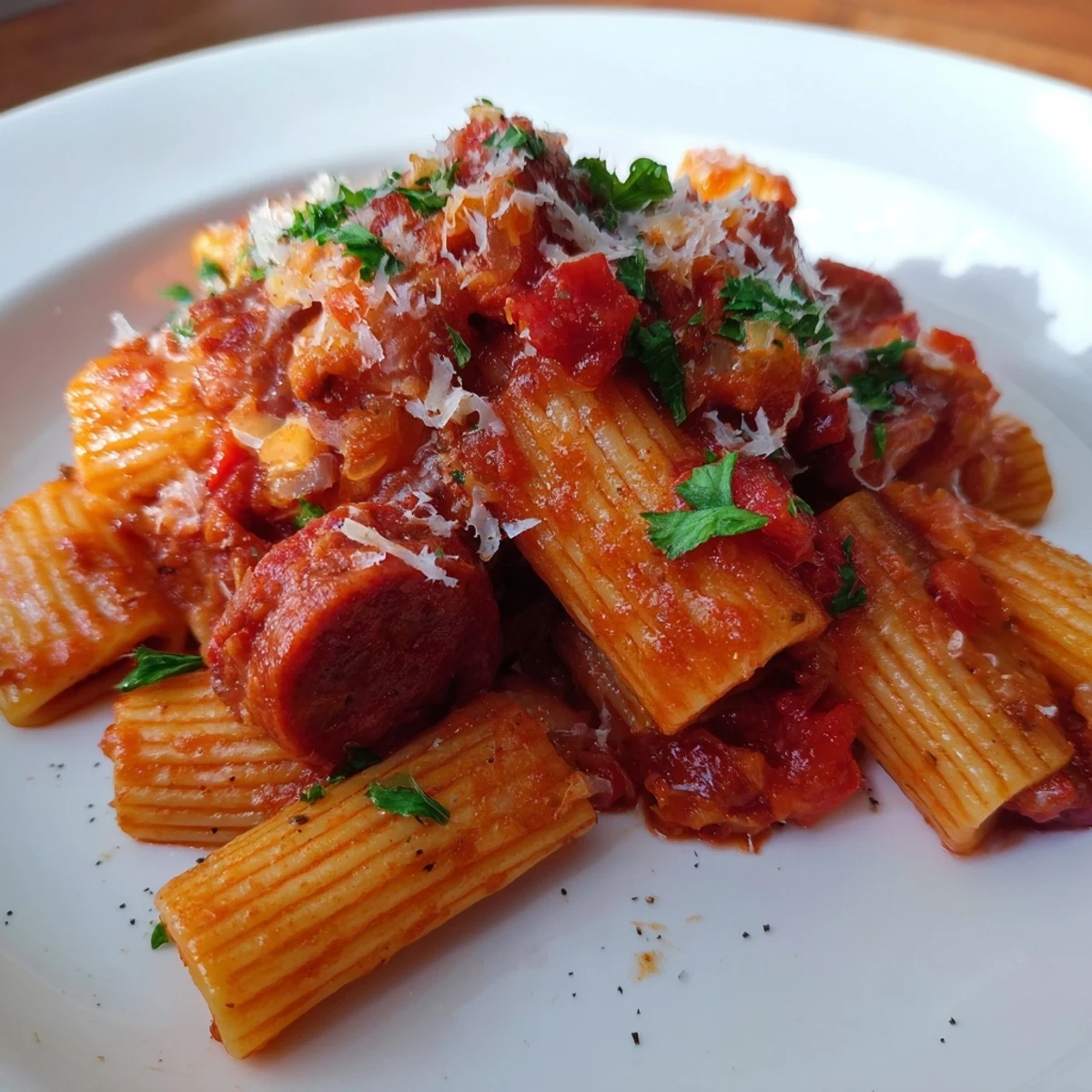 Delicious Spanish chorizo pasta, served piping hot with vibrant bell peppers and a smoky aroma.