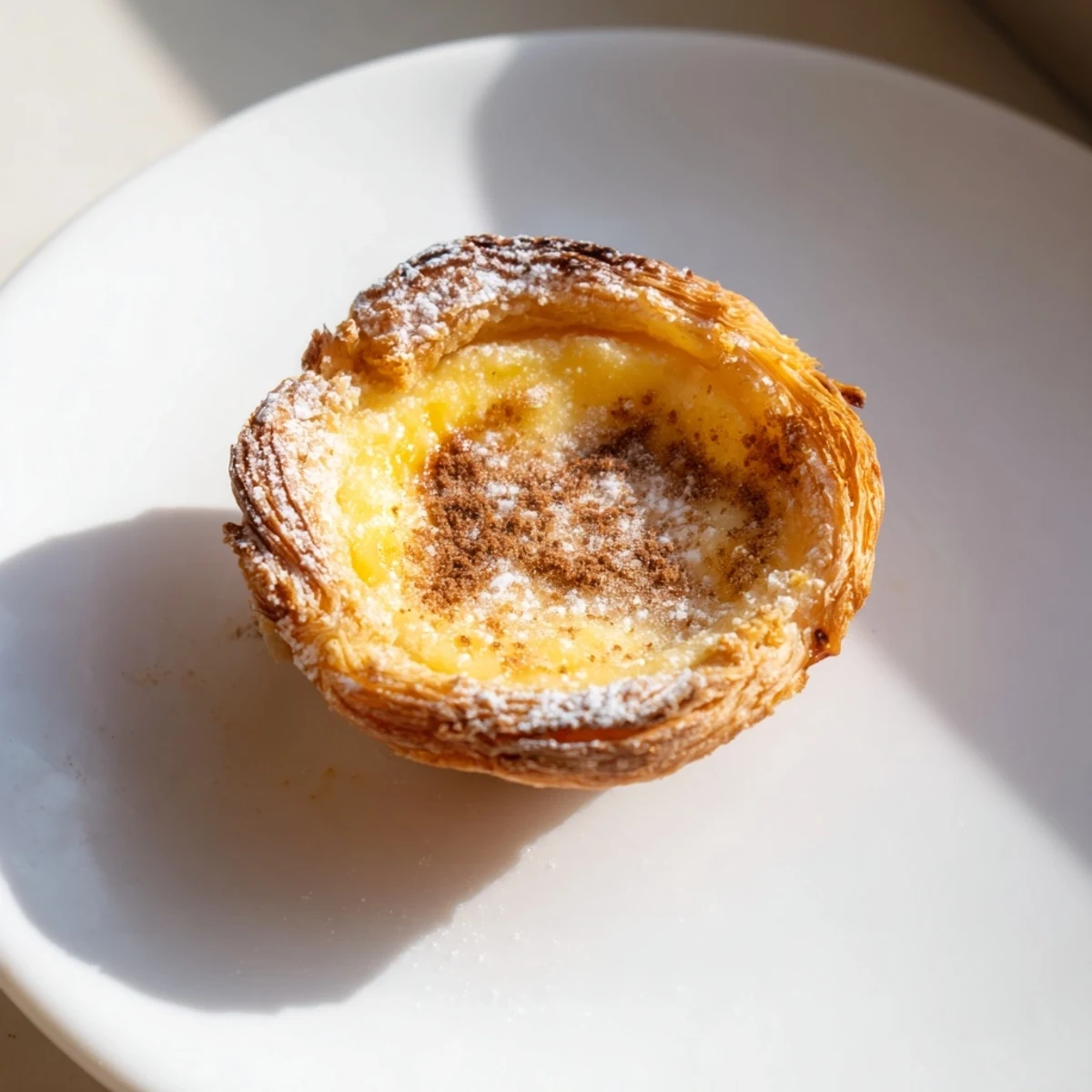 Golden-brown Portuguese Egg Tarts, flaky pastry cradling a creamy, spiced custard filling, ready to enjoy.