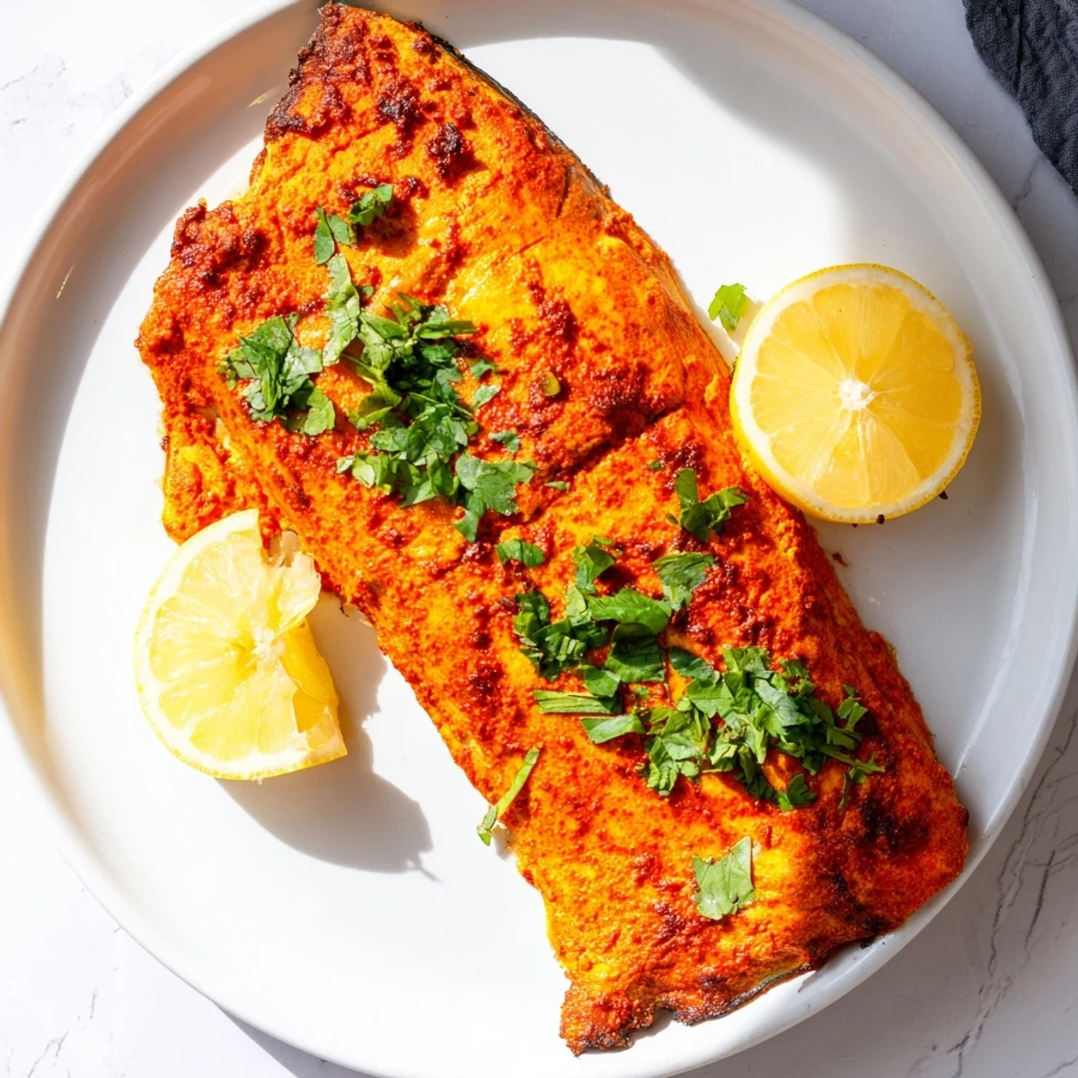 Vibrant Indian Tikka Salmon, richly spiced and roasted, ready to be served with lemon wedges.