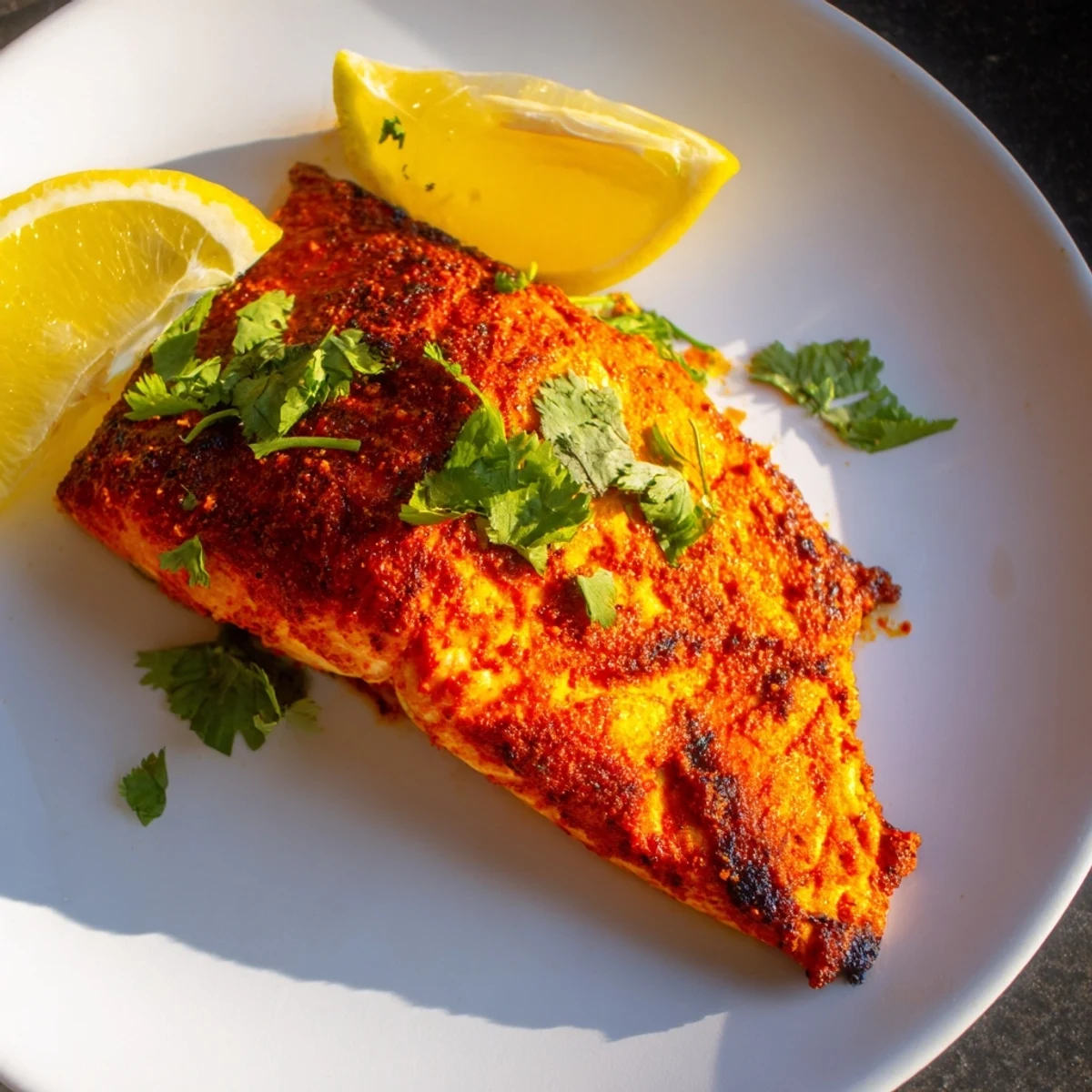 Perfectly marinated Indian Tikka Salmon, a picture of flavorful, gently spiced, and tender seafood for dinner.