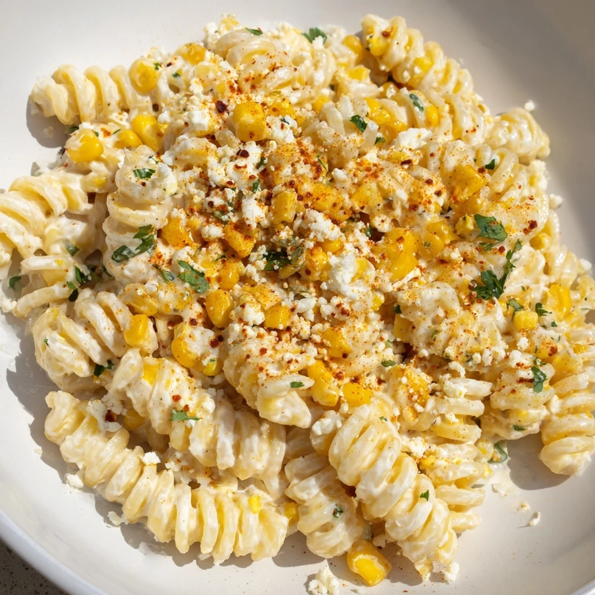Creamy Mexican Street Corn Pasta, with char-kissed corn and crumbled cotija, ready for serving.