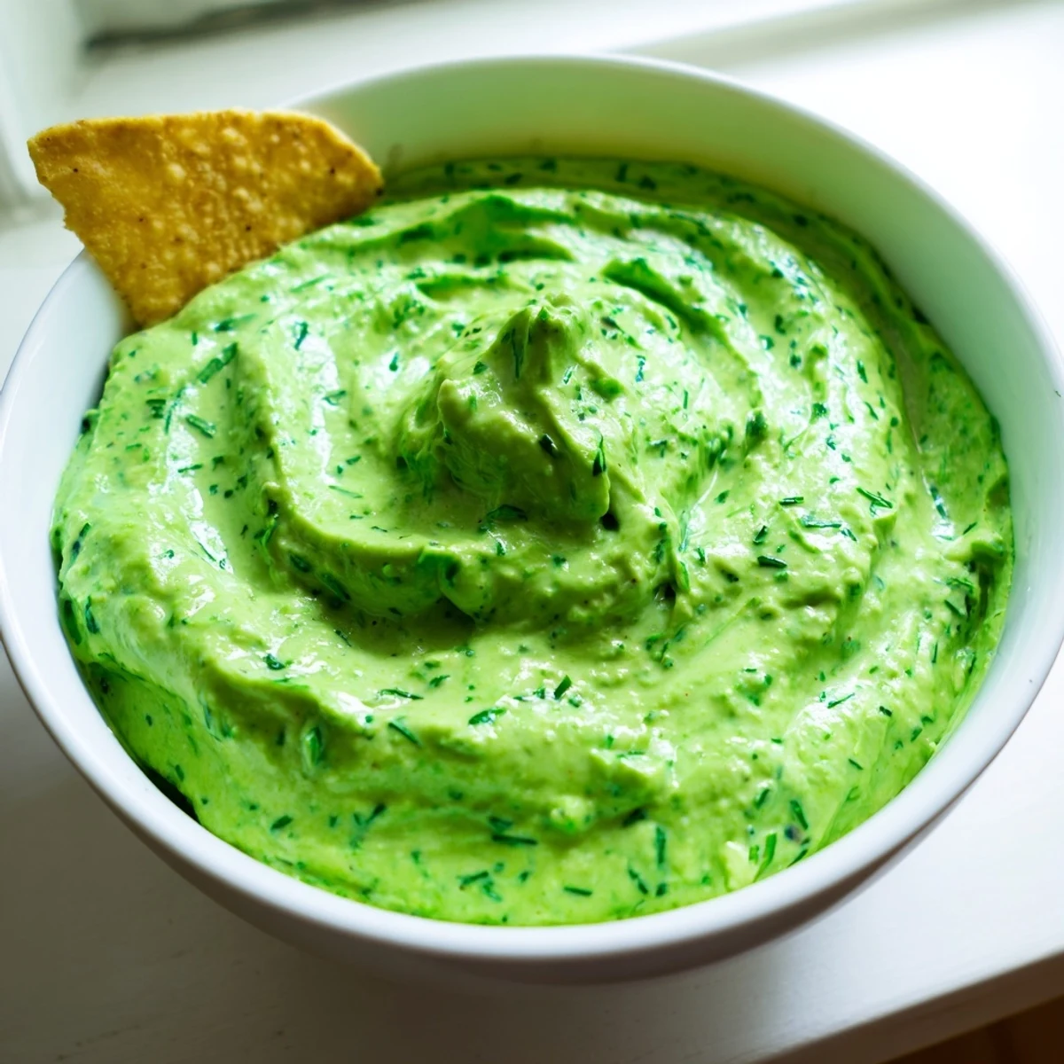 A bowl of vibrant Green Goddess Salad Dip surrounded by colorful carrot sticks, cucumber slices, and crispy tortilla chips for dipping.