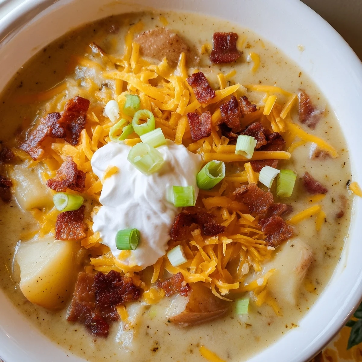 Steaming loaded baked potato soup in a white bowl, topped with crispy crumbled bacon, melted sharp cheddar, and fresh green onions.