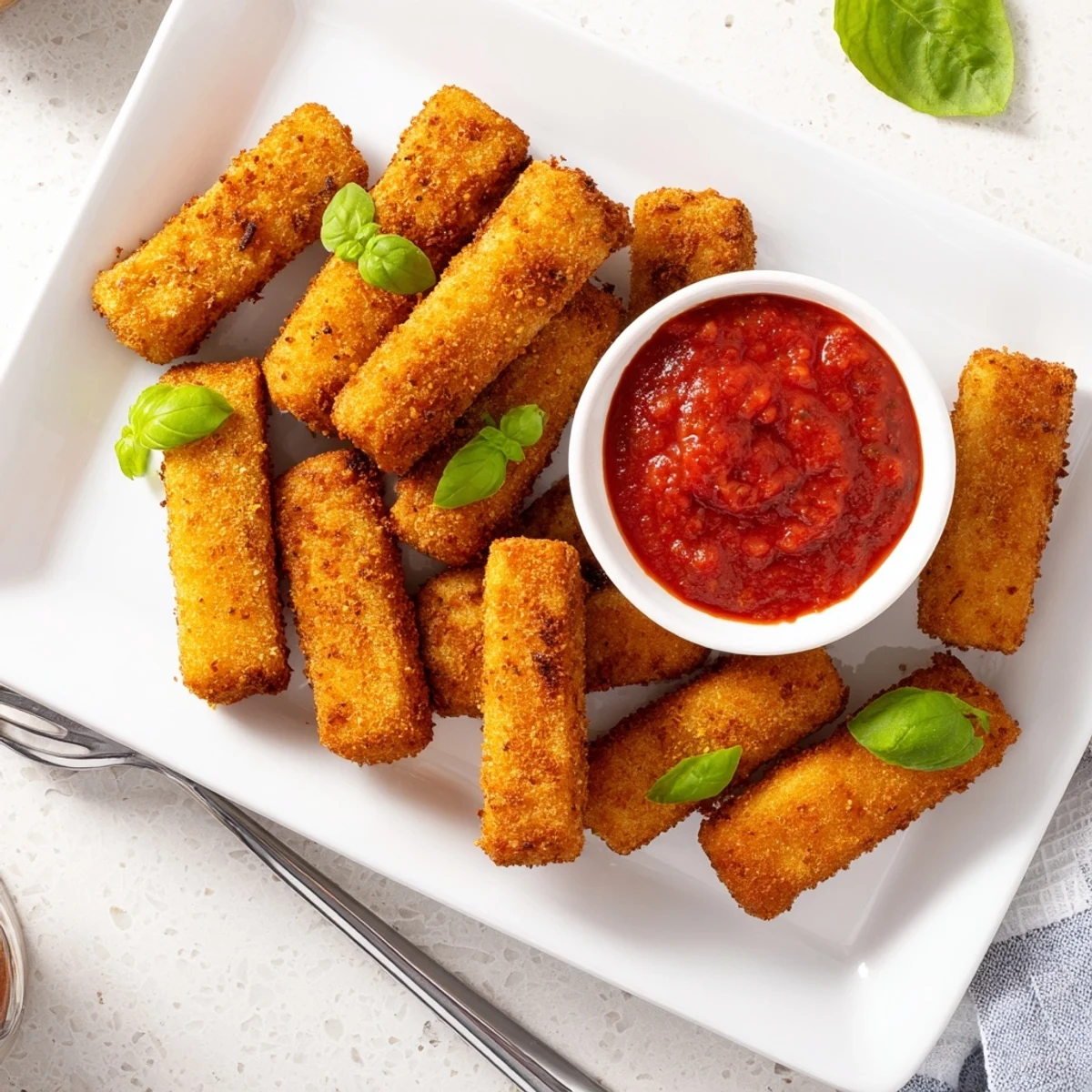 Crackly-crusted mozzarella sticks with melted cheese pulls, served from the air fryer alongside fresh basil and marinara.