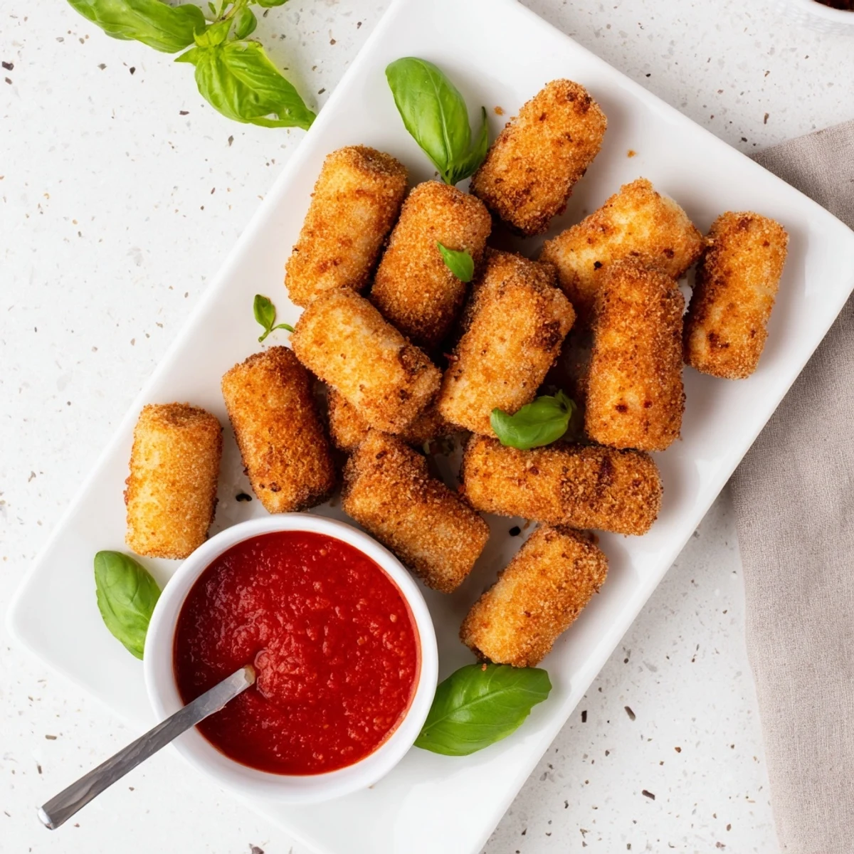 Crispy air fryer mozzarella sticks with golden breading and gooey mozzarella center, plated for snacking or appetizers.