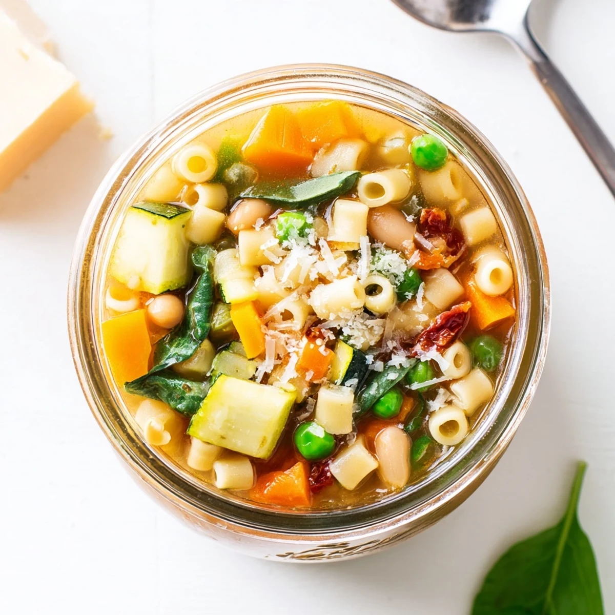 A clear mason jar filled with vibrant layers of diced carrots, celery, zucchini, pasta, and lentils for homemade Minestrone Soup.