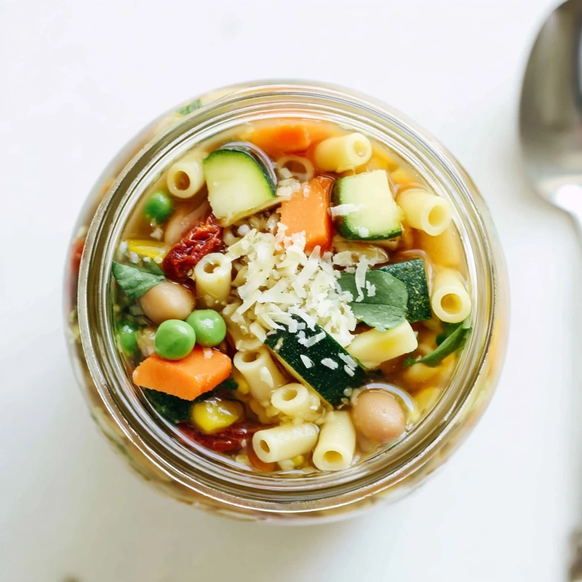 Steaming hot Minestrone Soup served in a jar with a spoon, topped with grated Parmesan cheese and fresh basil for a rustic lunch.