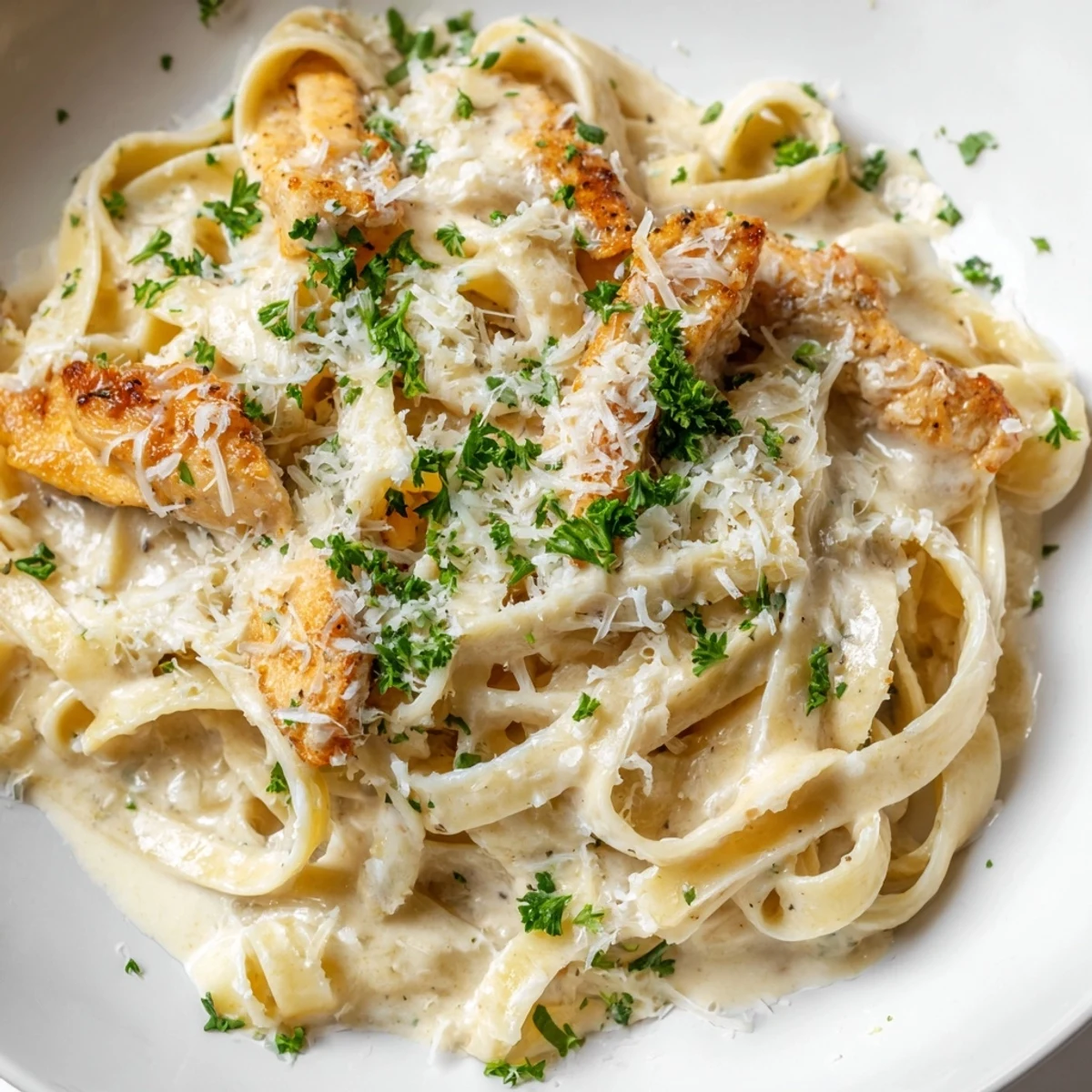 A close-up view of tender skillet chicken alfredo featuring rich Parmesan sauce and al dente pasta in a warm dish.