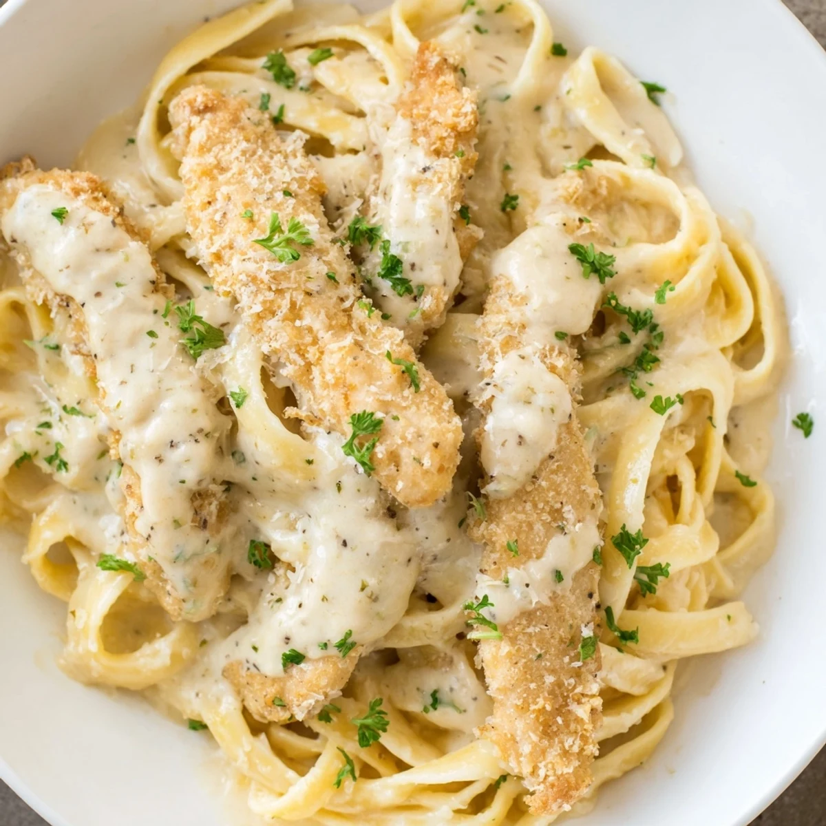 Comforting weeknight dinner of homemade skillet chicken alfredo, garnished with extra Parmesan and fresh herbs for a flavorful Italian-American meal.