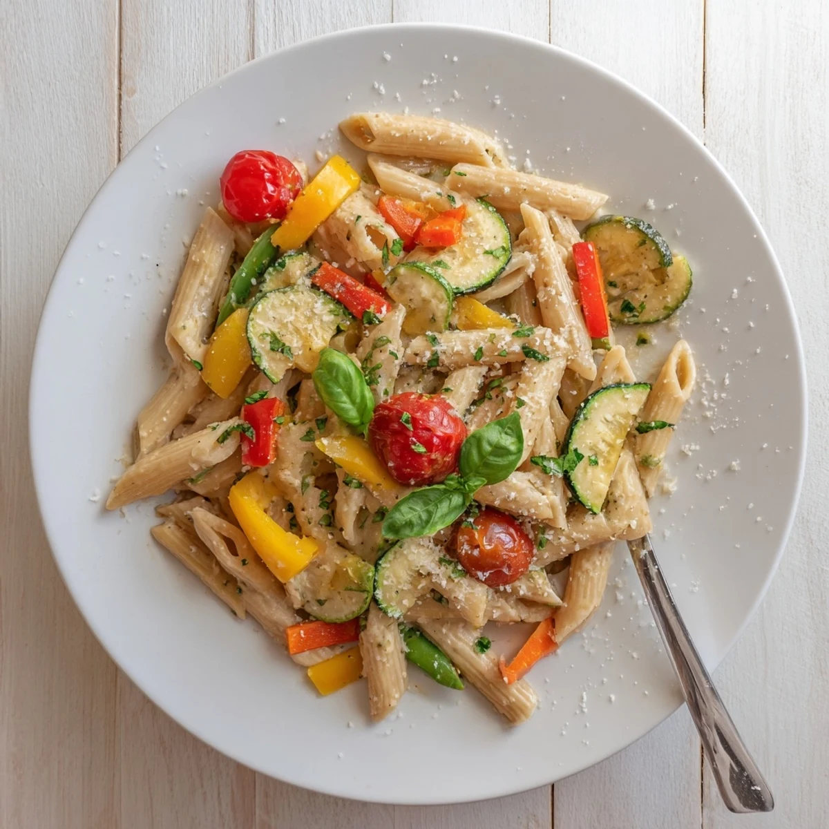 Creamy One-Pot Creamy Pasta Primavera showcases al dente penne tossed with sautéed zucchini, bell peppers, and snap peas in a light sauce.  