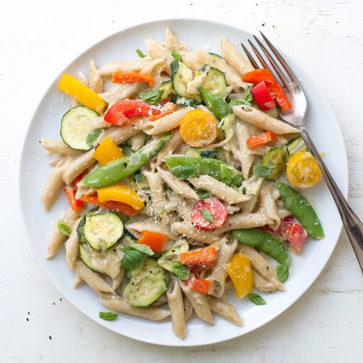 A steaming bowl of One-Pot Creamy Pasta Primavera features vibrant cherry tomatoes, fresh basil, and melted Parmesan cheese on top.  