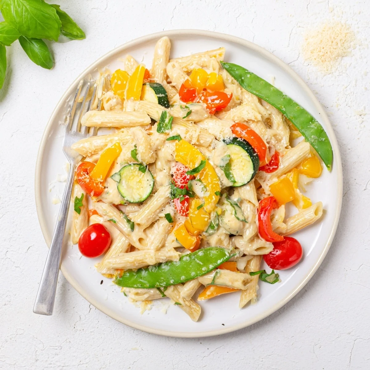 Hearty One-Pot Creamy Pasta Primavera serves four with colorful carrots and peas in a rich, creamy sauce, perfect for a weeknight meal.