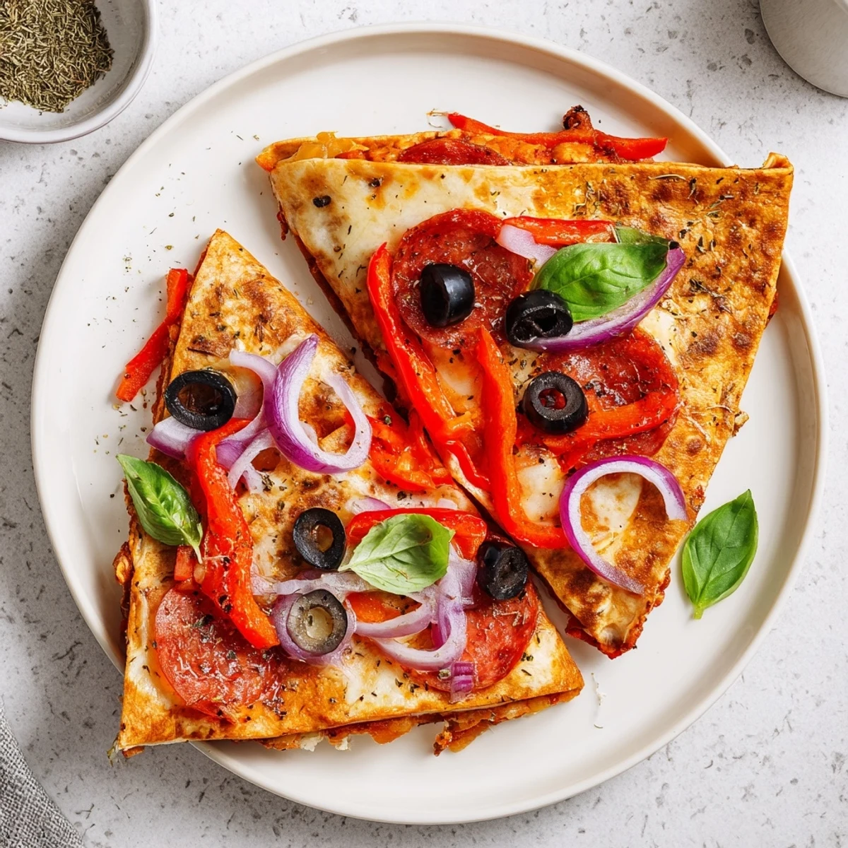 Freshly cooked tortilla pizza wrap on a wooden board, garnished with basil and ready to dip in marinara.