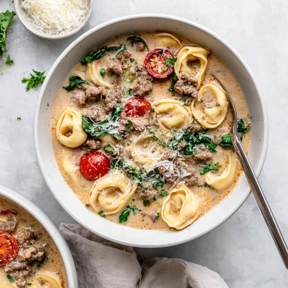 A steaming bowl of Tortellini Beef Soup garnished with fresh basil and grated Parmesan, served alongside crusty bread for dipping.