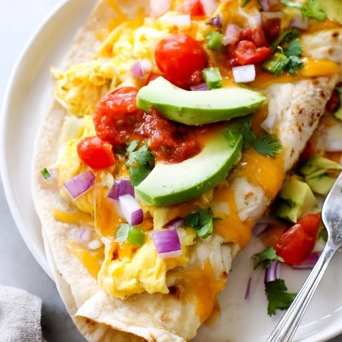 Freshly baked Sheet Pan Breakfast Tacos sit on a wooden board, filled with fluffy eggs, melted cheese, diced tomatoes, and creamy avocado slices.