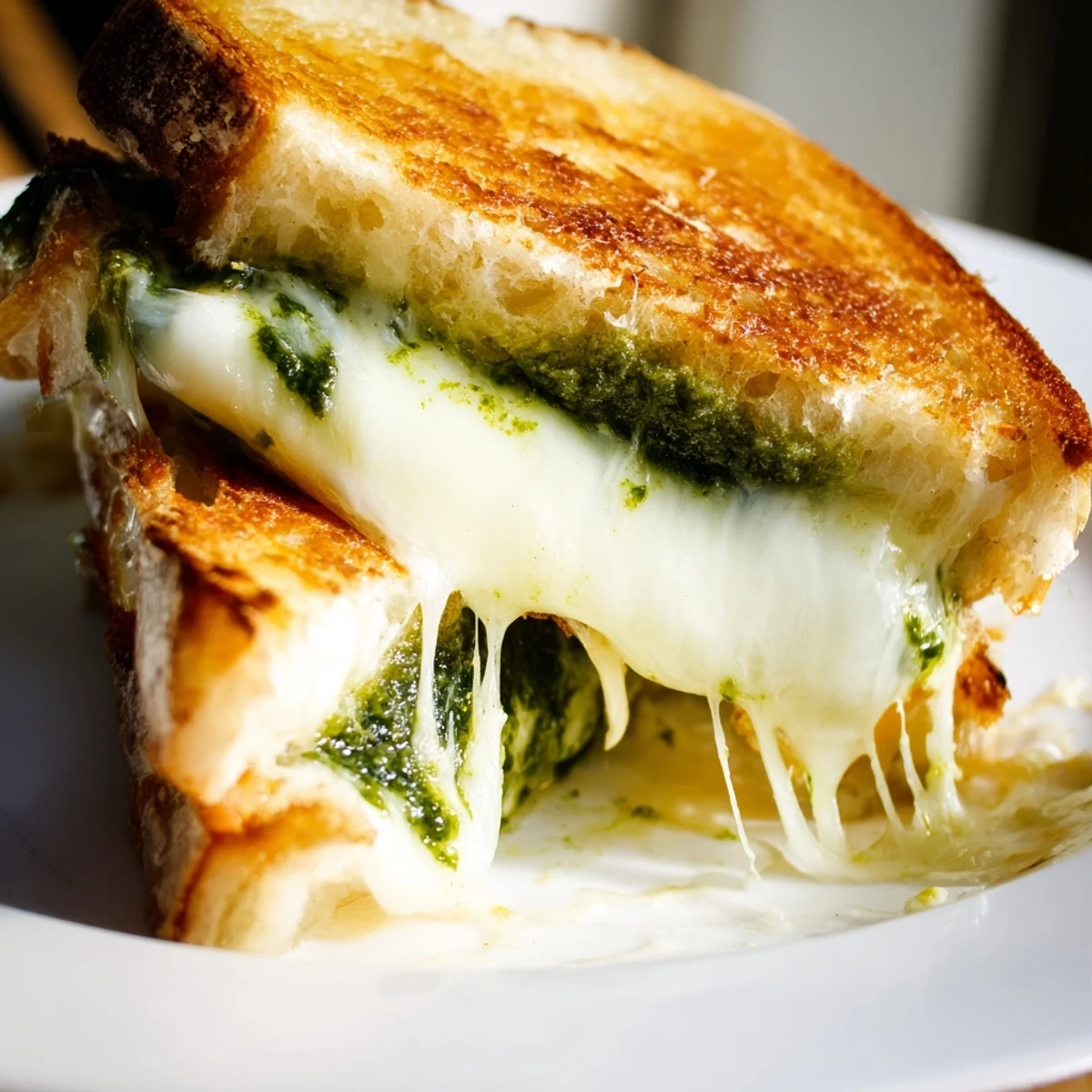 Golden-brown Spinach Pesto Grilled Cheese sandwiches ooze melted mozzarella and cheddar between crispy sourdough slices, served on a rustic wooden board.  